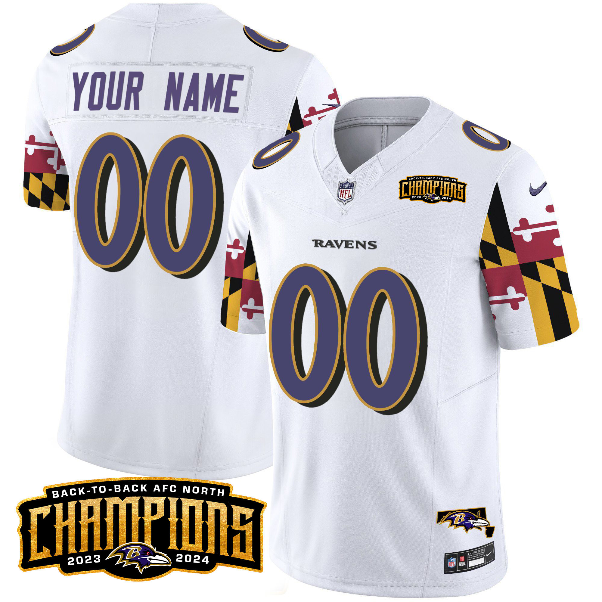 Ravens Maryland Flag Back To Back AFC North Champions Patch Vapor Limited Custom Jersey – All Stitched
