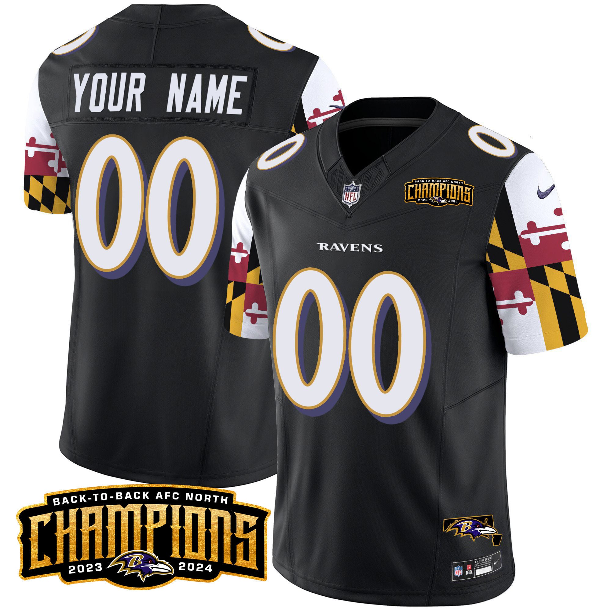 Ravens Maryland Flag Back To Back AFC North Champions Patch Vapor Limited Custom Jersey – All Stitched