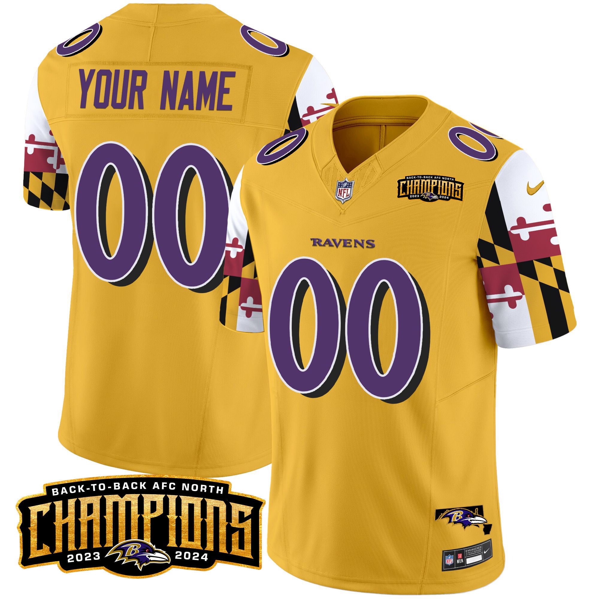 Ravens Maryland Flag Back To Back AFC North Champions Patch Vapor Limited Custom Jersey – All Stitched