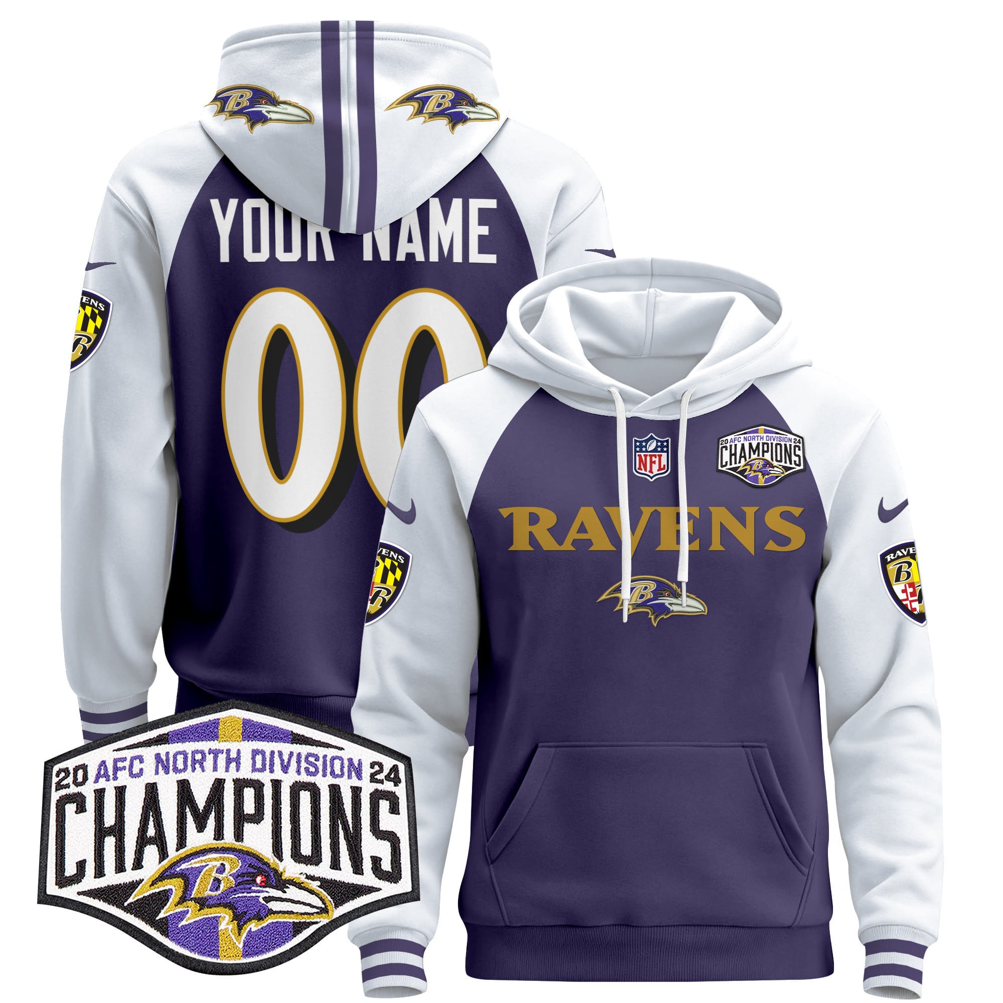 Baltimore Ravens 2024 AFC North Division Champions Patch Custom Pullover Hoodie – All Stitched