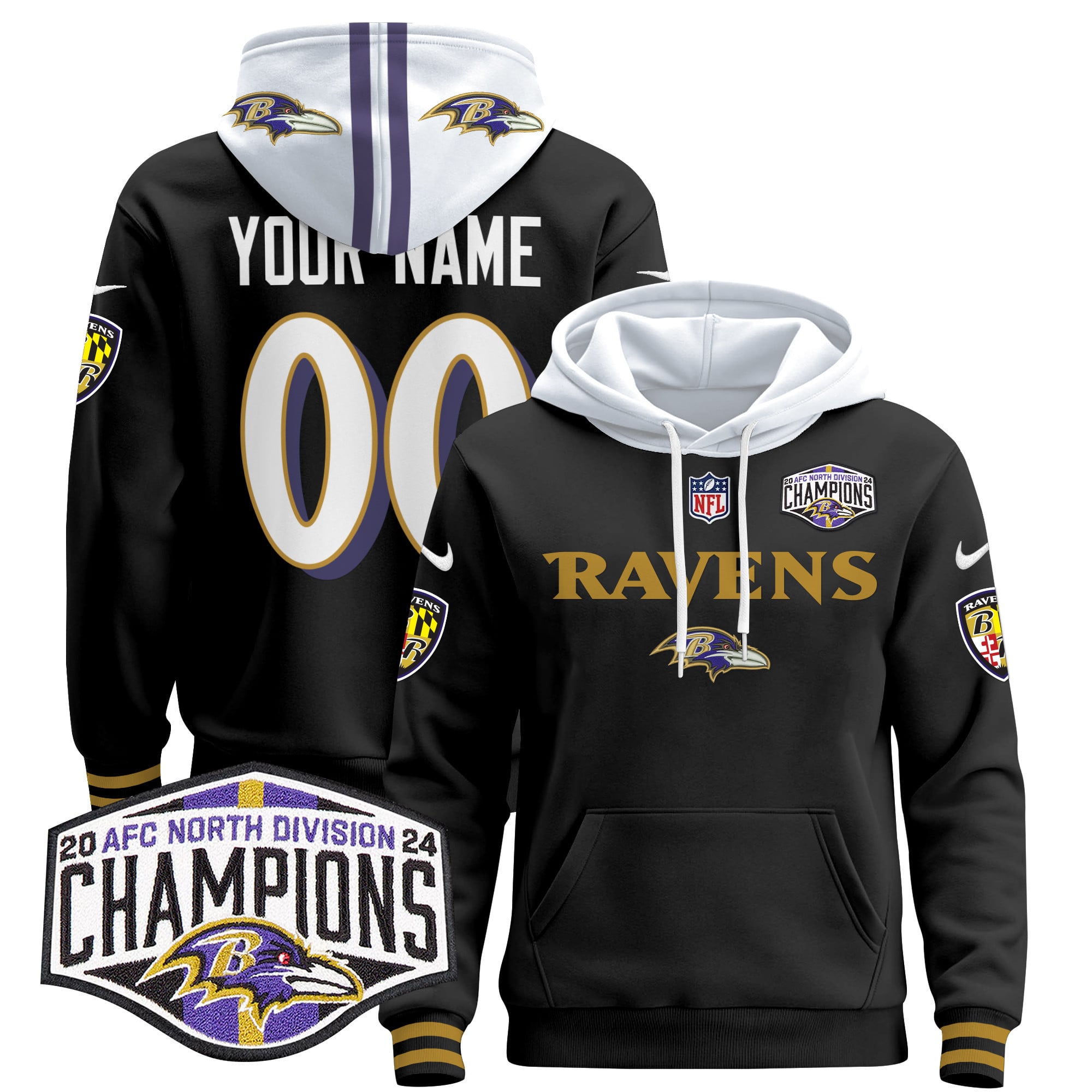 Baltimore Ravens 2024 AFC North Division Champions Patch Custom Pullover Hoodie – All Stitched
