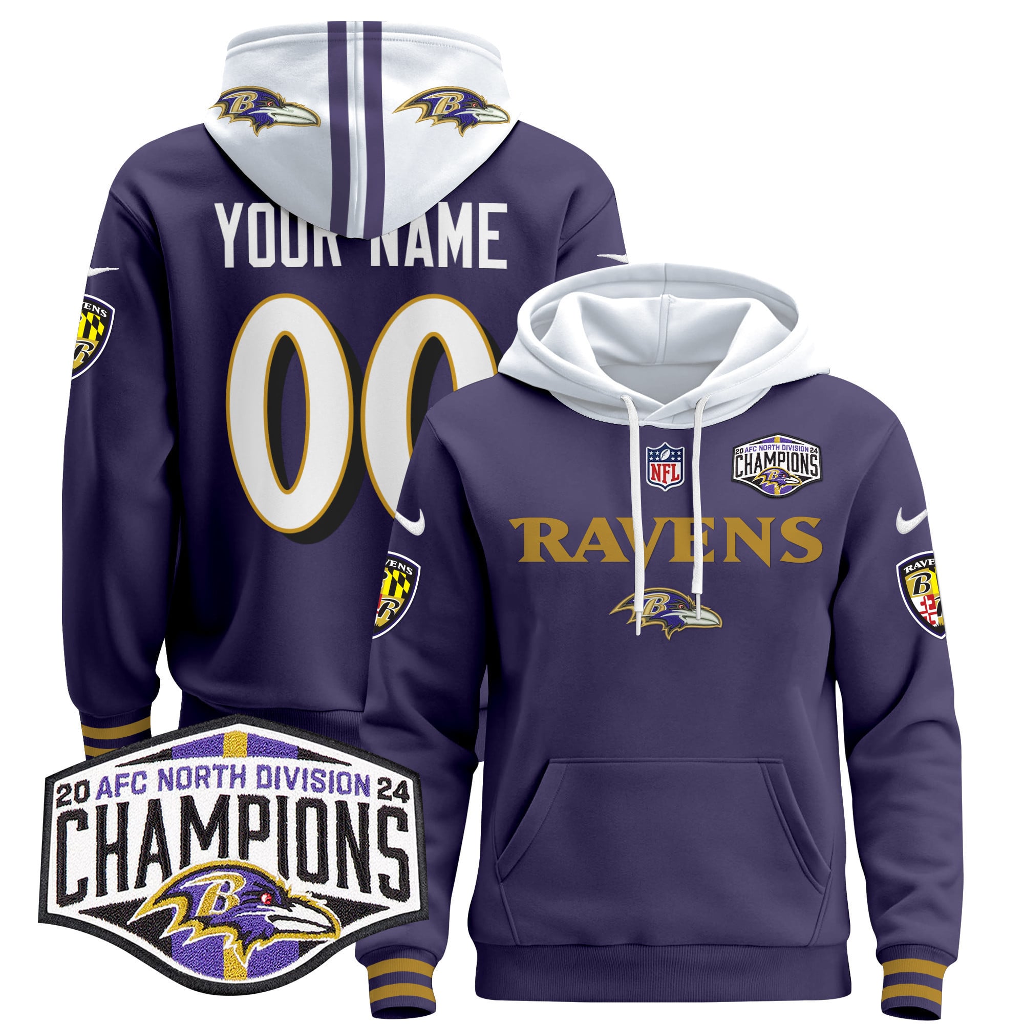 Baltimore Ravens 2024 AFC North Division Champions Patch Custom Pullover Hoodie – All Stitched