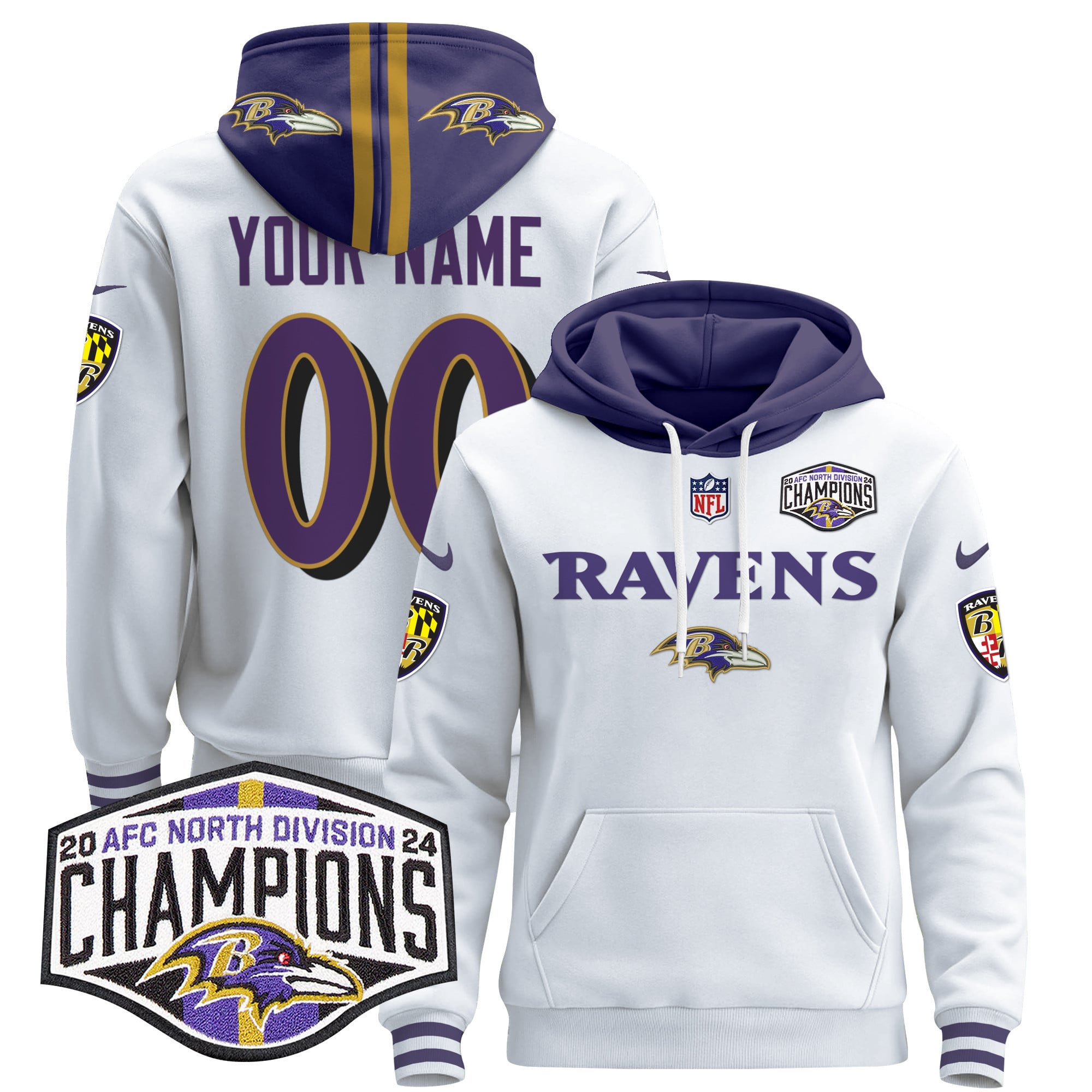 Baltimore Ravens 2024 AFC North Division Champions Patch Custom Pullover Hoodie – All Stitched