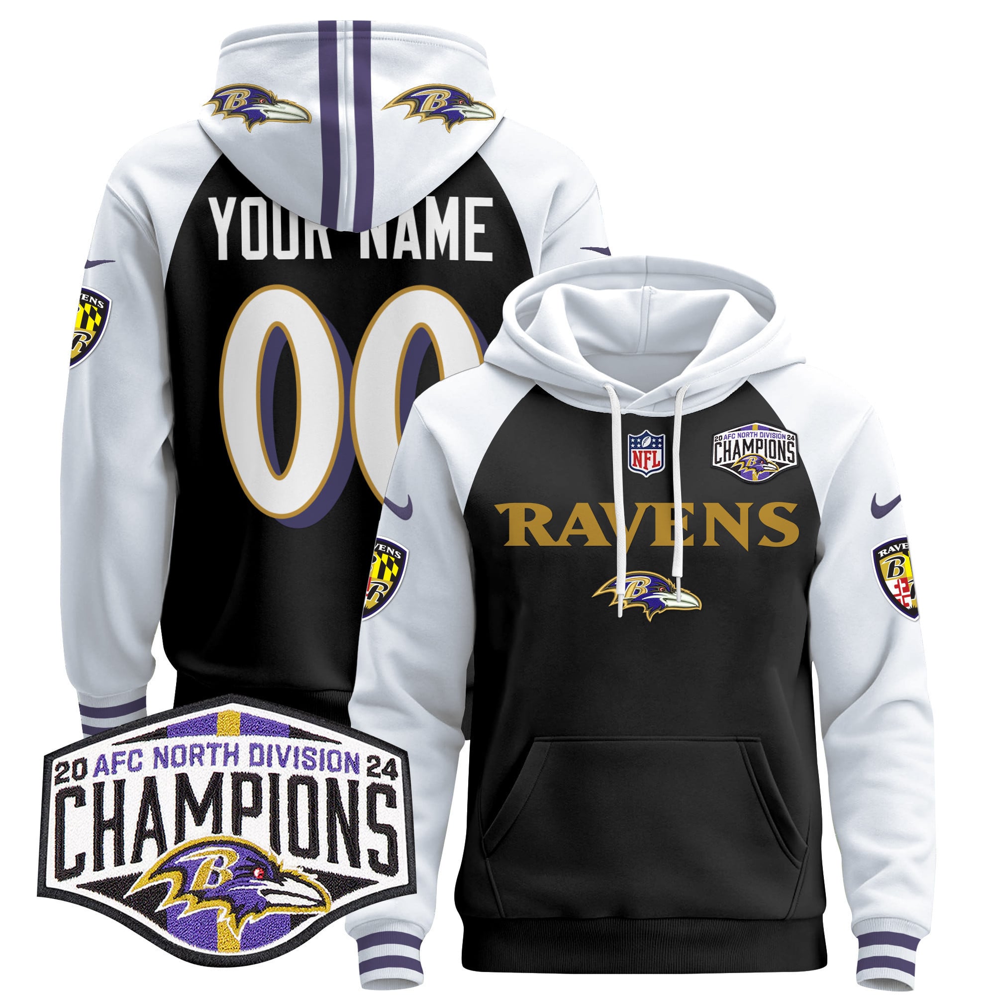 Baltimore Ravens 2024 AFC North Division Champions Patch Custom Pullover Hoodie – All Stitched