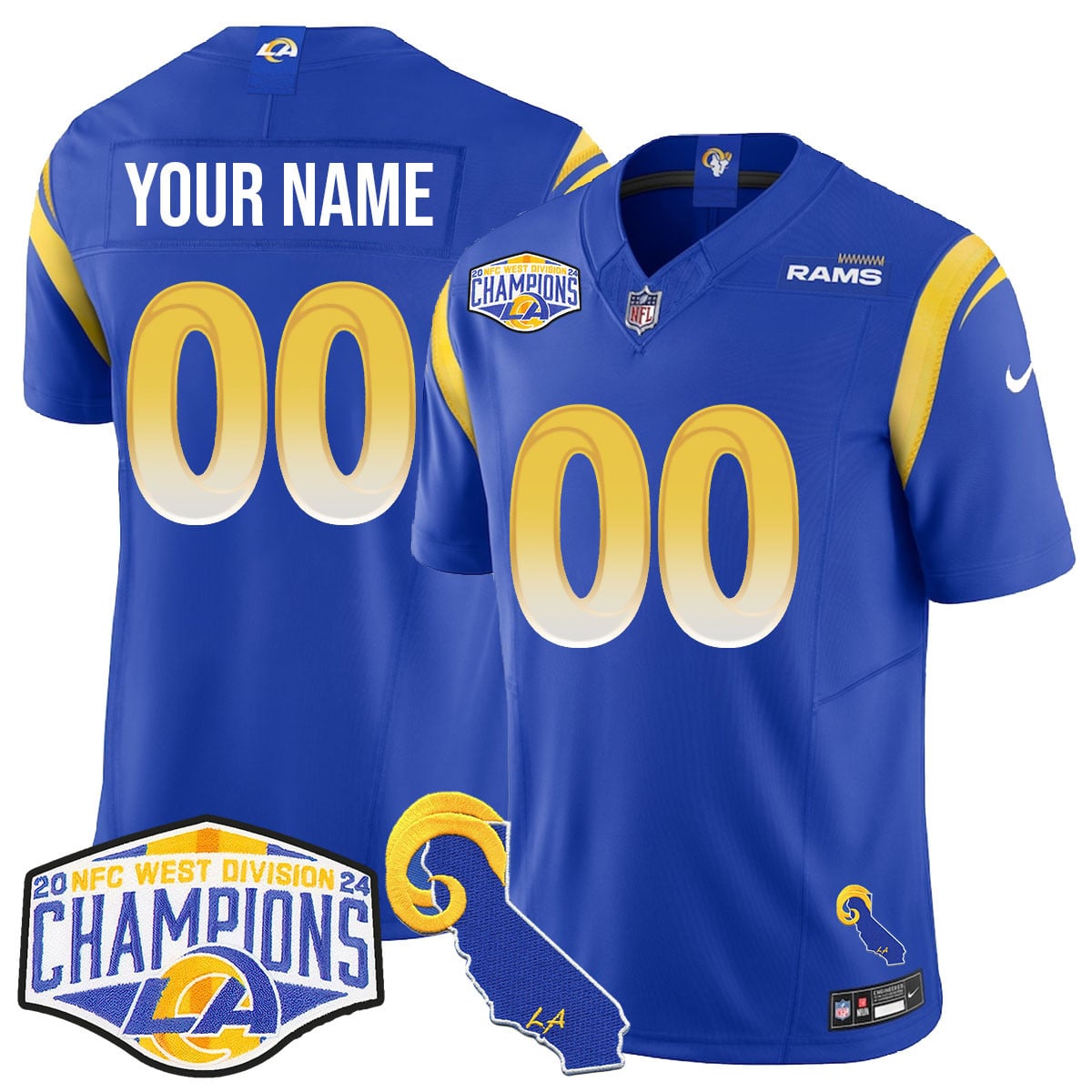 Custom Gender/Name Los Angeles Rams 2024 NFC West Division Champions Jersey N1 – All Stitched