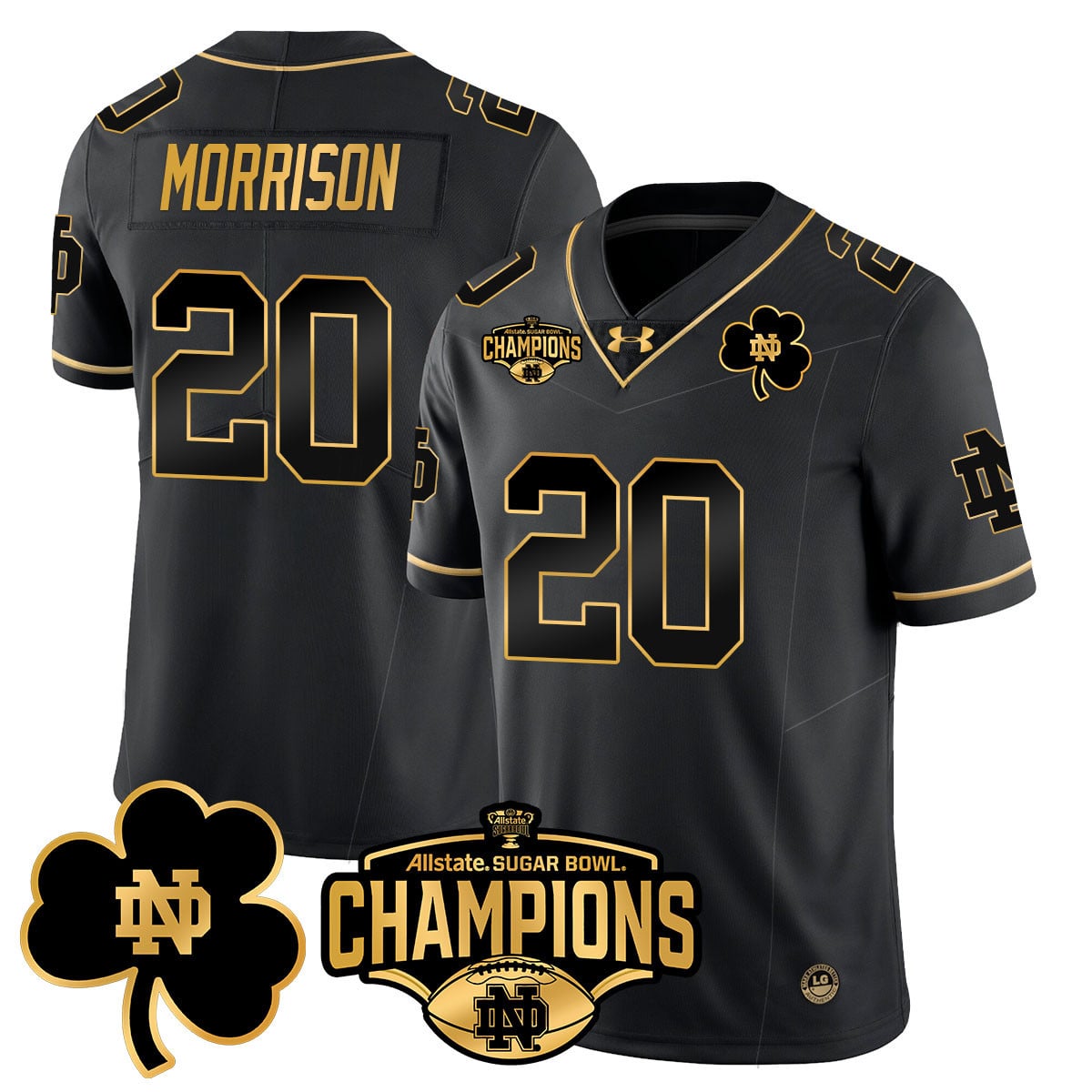 Men’s Notre Dame Fighting Irish 2025 Sugar Bowl Champions Gold Jersey – All Stitched