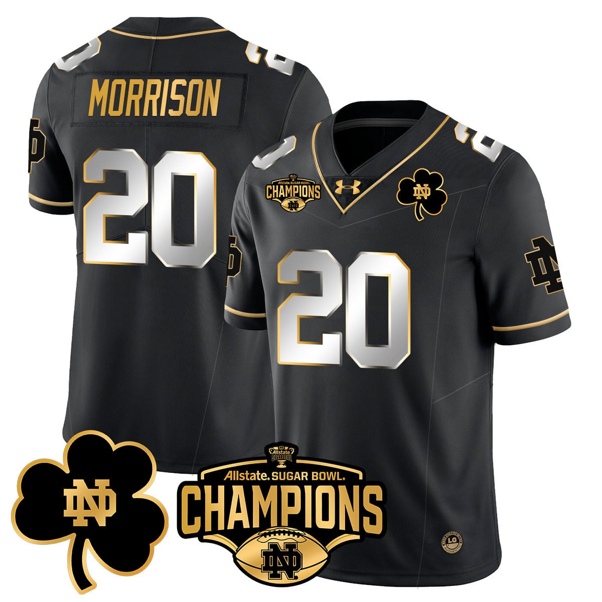 Men’s Notre Dame Fighting Irish 2025 Sugar Bowl Champions Gold Jersey – All Stitched