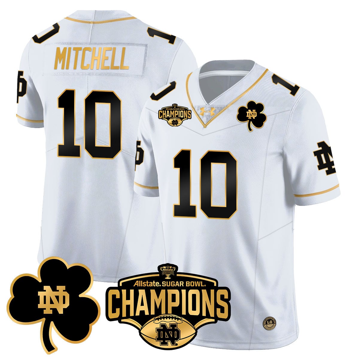 Men’s Notre Dame Fighting Irish 2025 Sugar Bowl Champions Gold Jersey – All Stitched