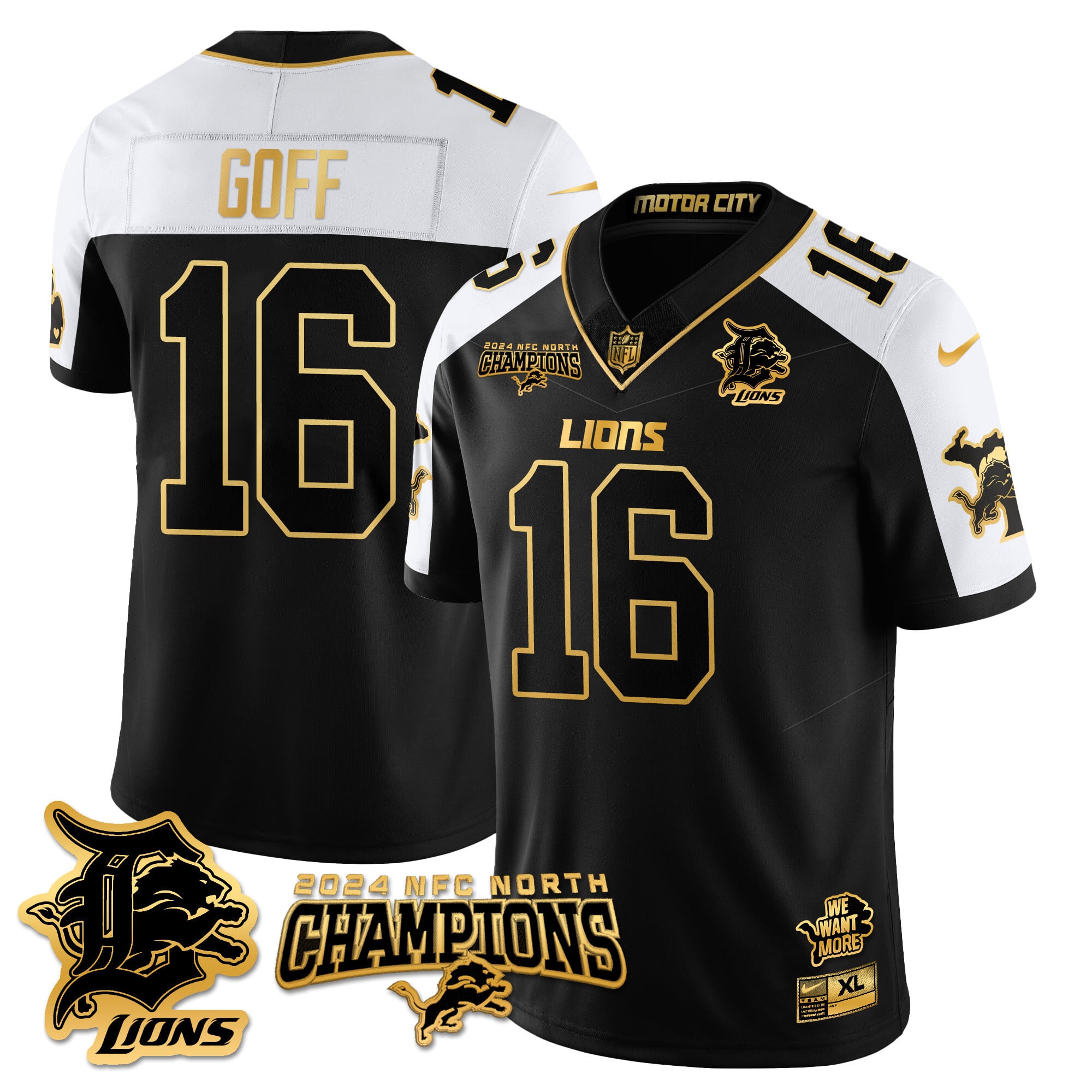 Men’s Detroit Lions 2024 NFC North Champions Gold Jersey N1 – All Stitched