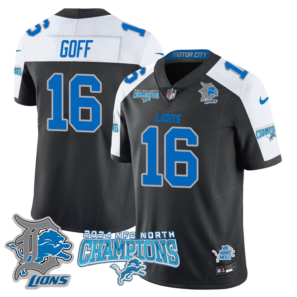 Men’s Detroit Lions 2024 NFC North Champions Gold Jersey N1 – All Stitched