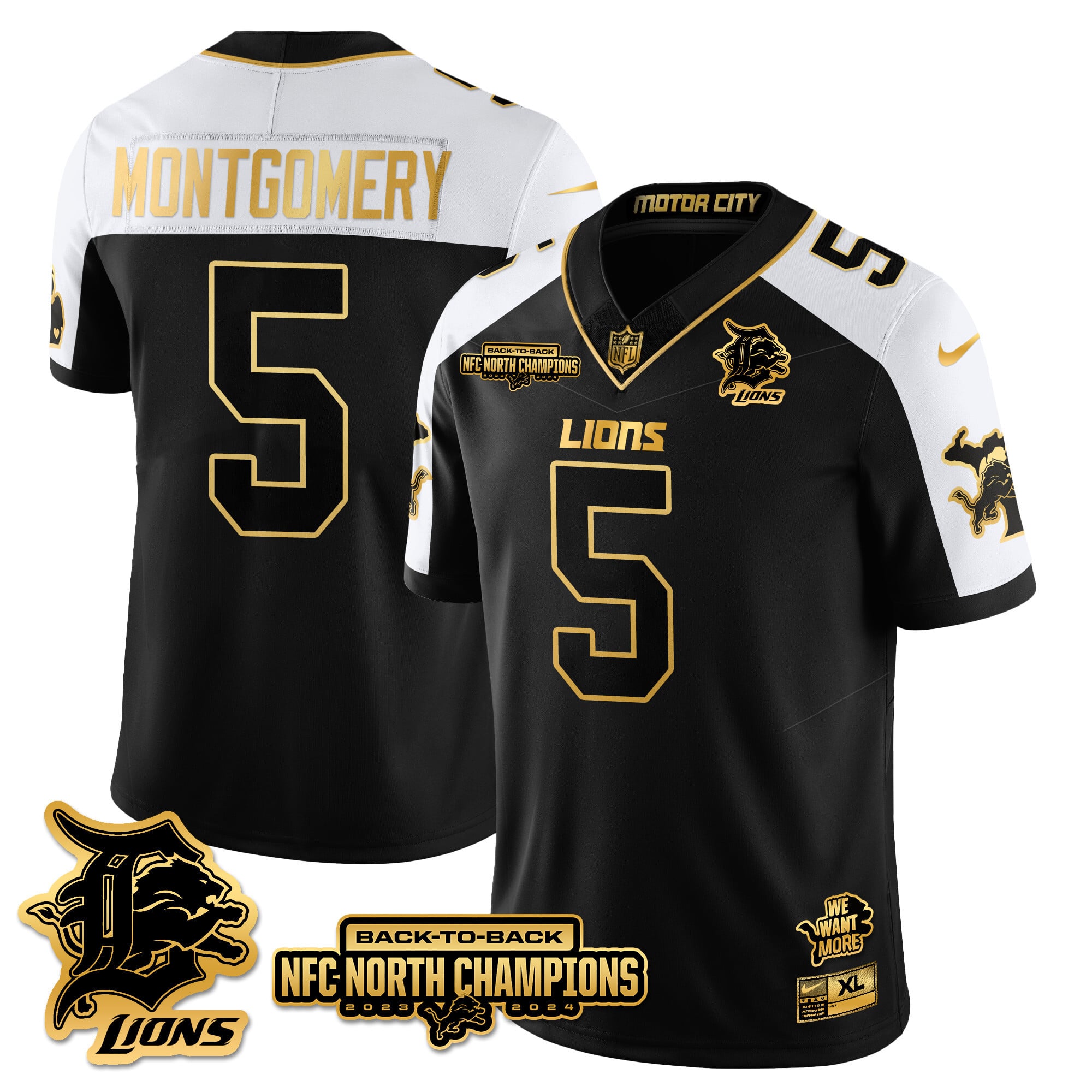 Men’s Detroit Lions 2024 NFC North Champions Gold Jersey N3 – All Stitched