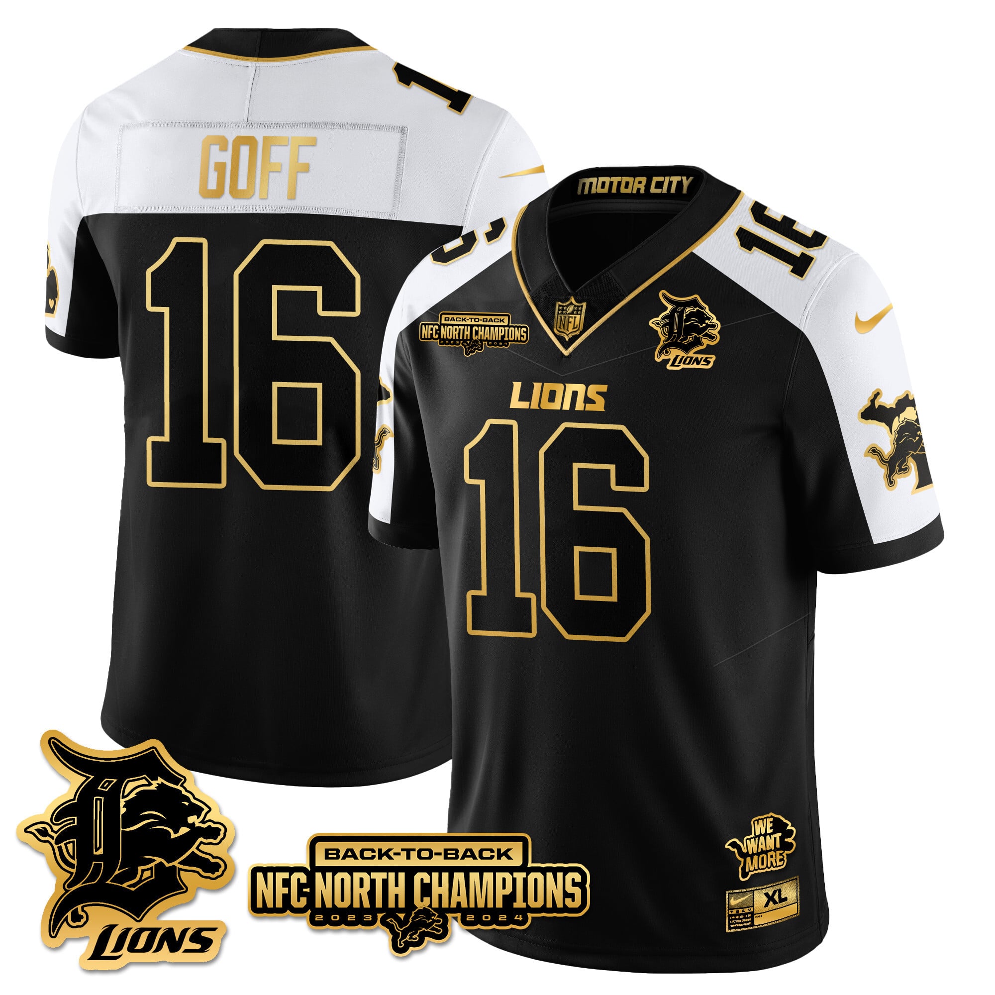 Men’s Detroit Lions 2024 NFC North Champions Gold Jersey N3 – All Stitched