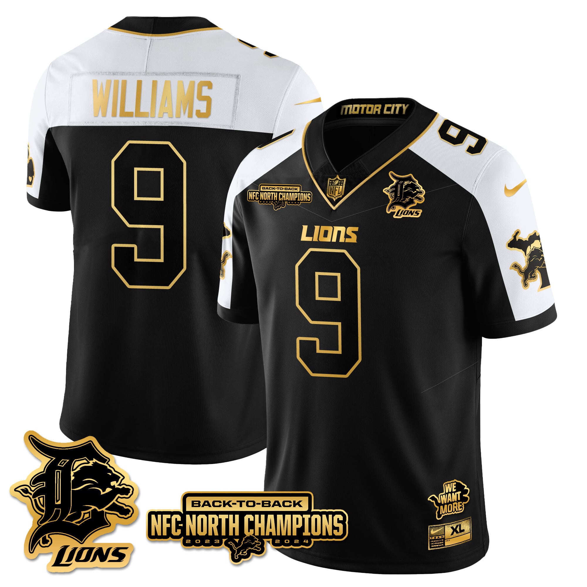 Men’s Detroit Lions 2024 NFC North Champions Gold Jersey N3 – All Stitched