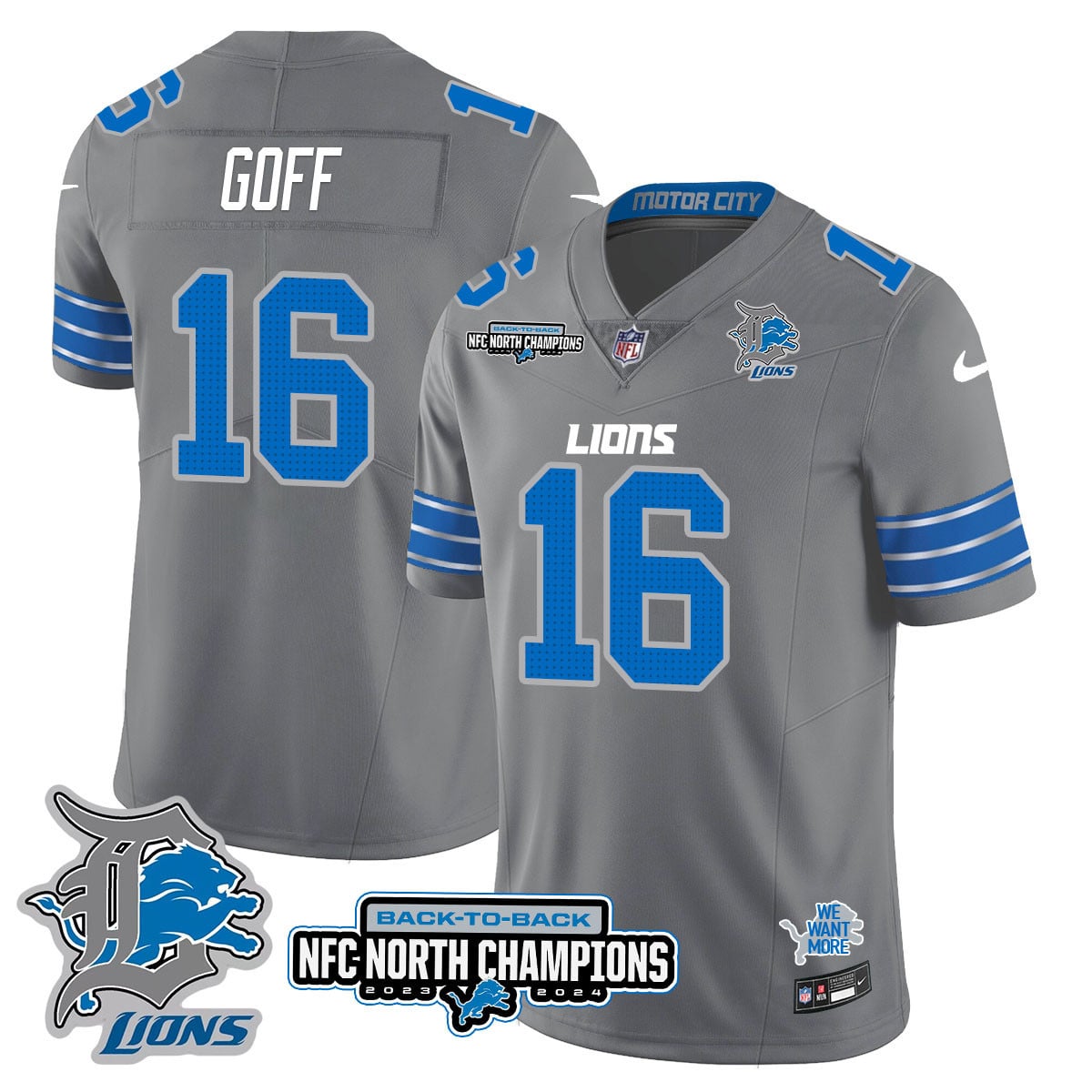 Men’s Detroit Lions 2024 NFC North Champions Gold Jersey N3 – All Stitched
