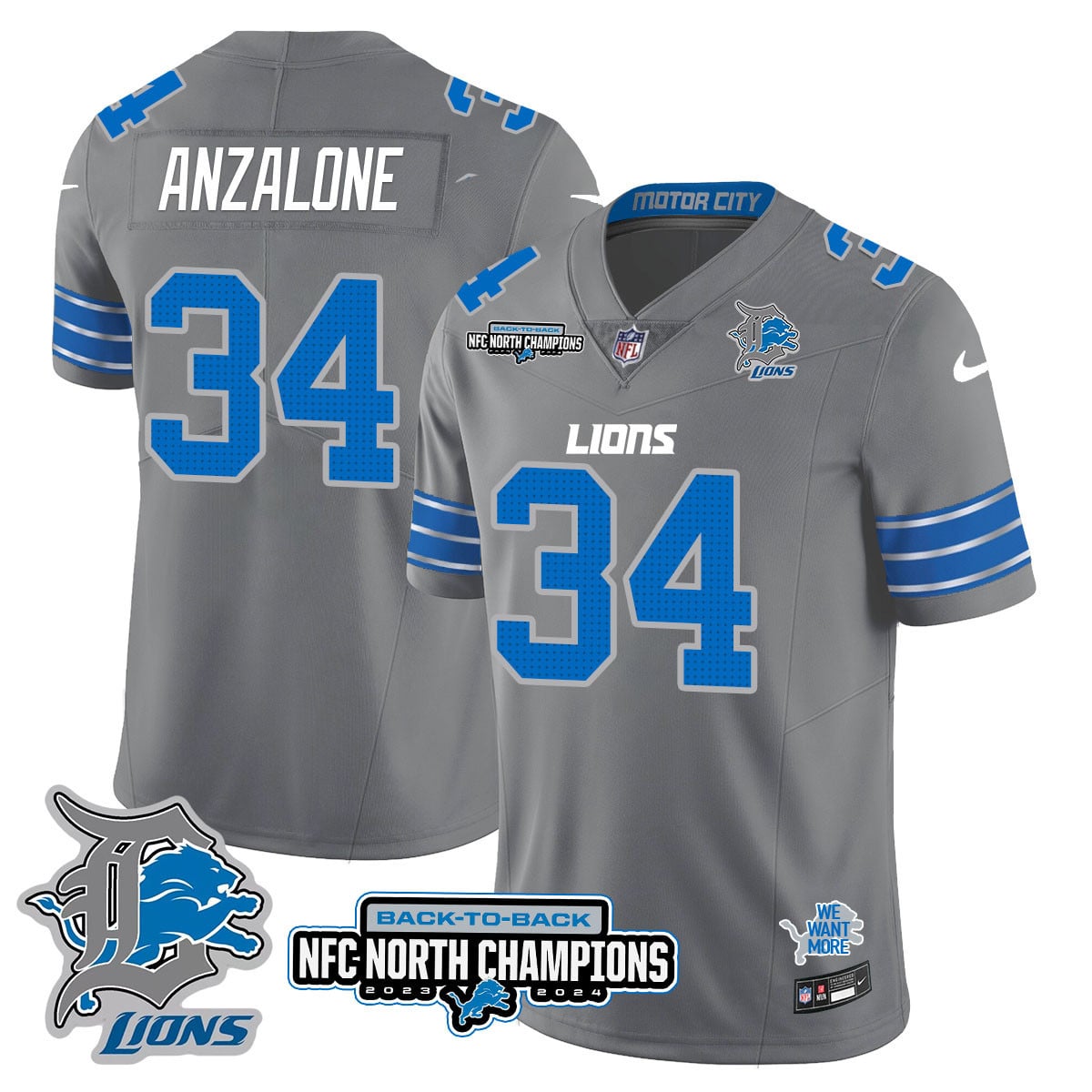 Men’s Detroit Lions 2024 NFC North Champions Gold Jersey N3 – All Stitched