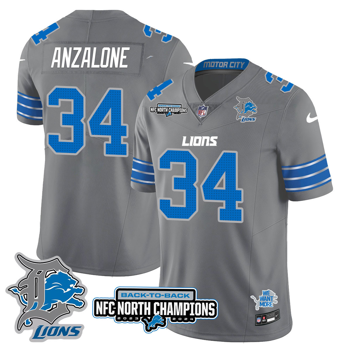 Men’s Detroit Lions 2024 NFC North Champions Gold Jersey N3 – All Stitched