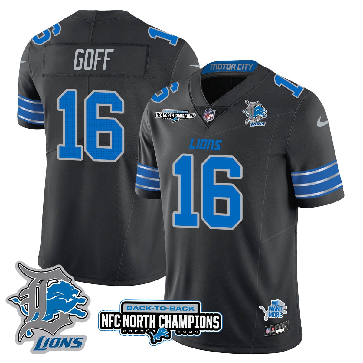 Men’s Detroit Lions 2024 NFC North Champions Gold Jersey N3 – All Stitched