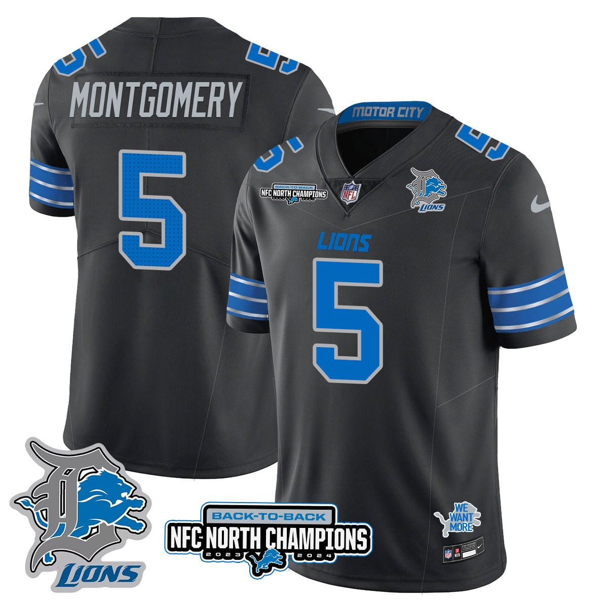 Men’s Detroit Lions 2024 NFC North Champions Gold Jersey N3 – All Stitched