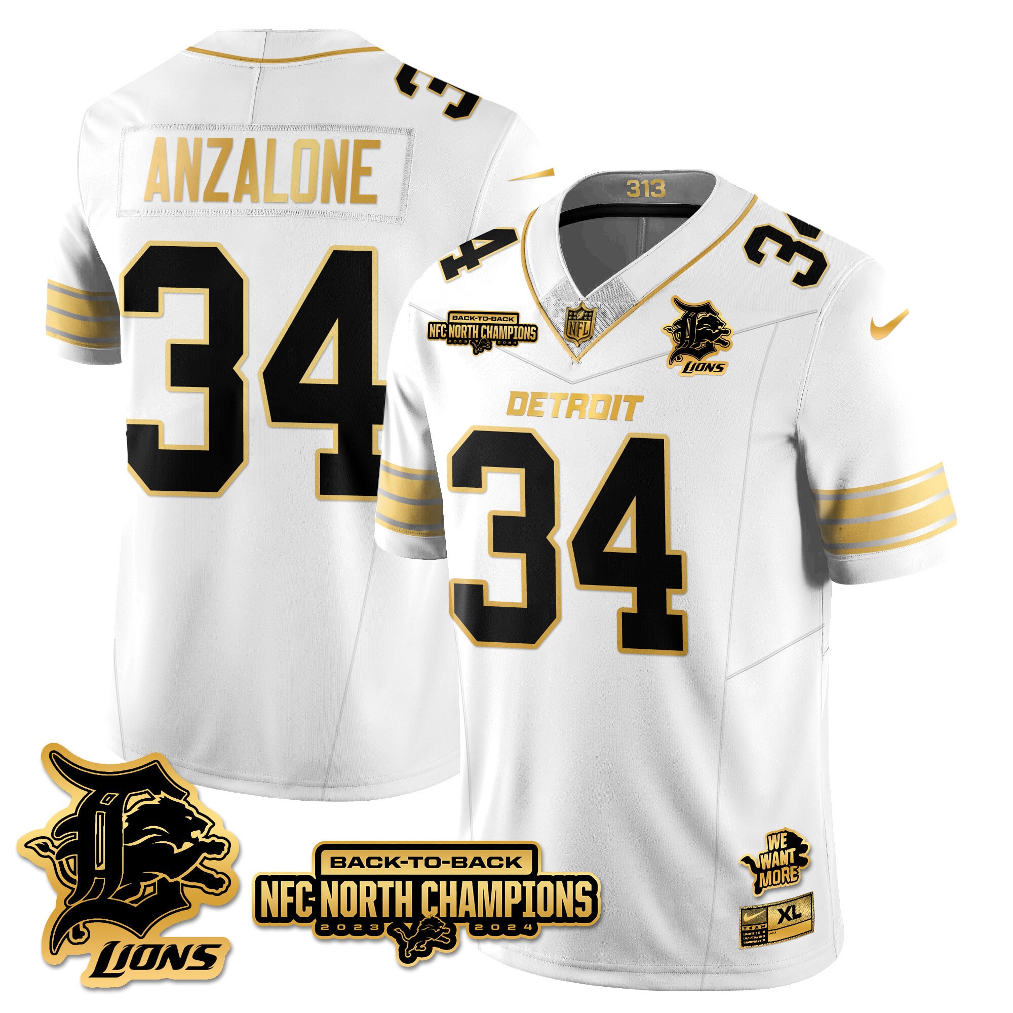 Men’s Detroit Lions 2024 NFC North Champions Gold Jersey N3 – All Stitched