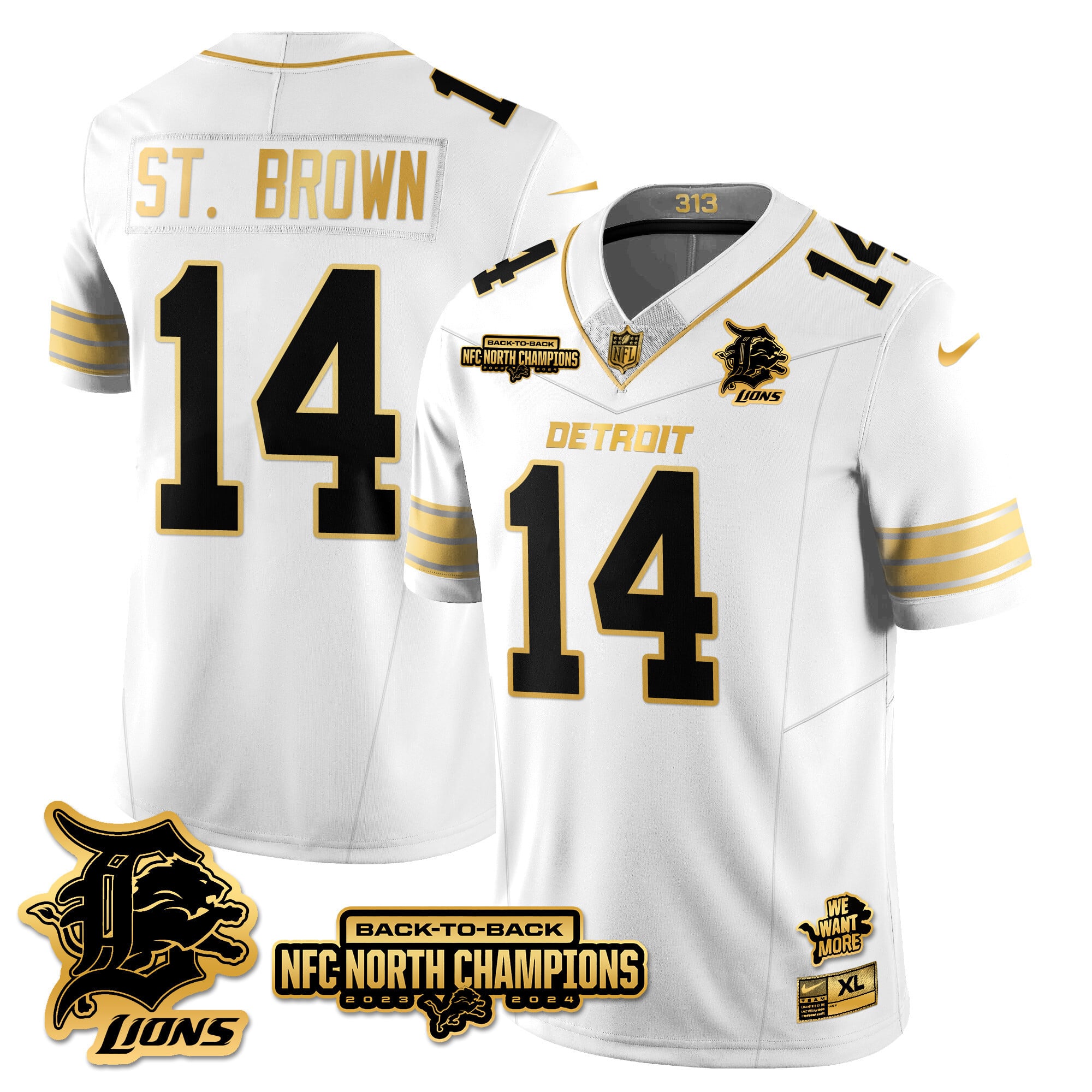 Men’s Detroit Lions 2024 NFC North Champions Gold Jersey N3 – All Stitched
