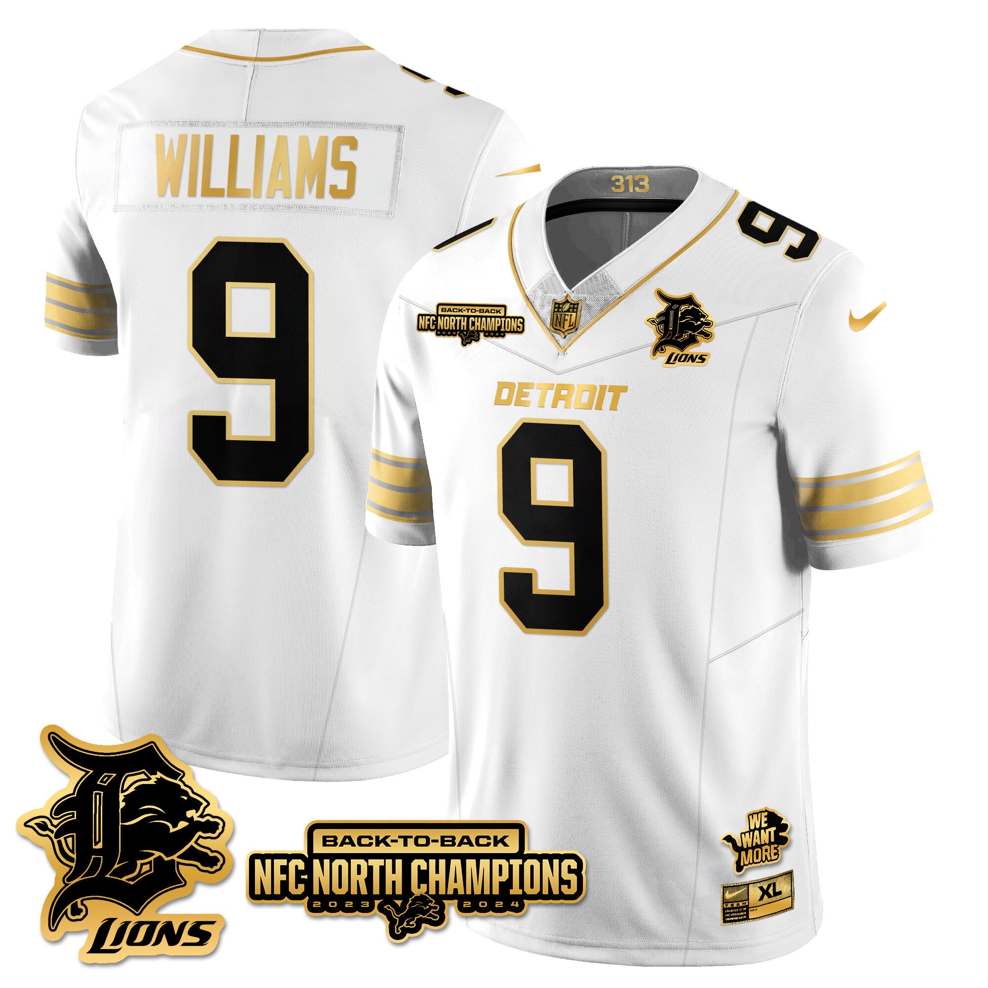 Men’s Detroit Lions 2024 NFC North Champions Gold Jersey N3 – All Stitched