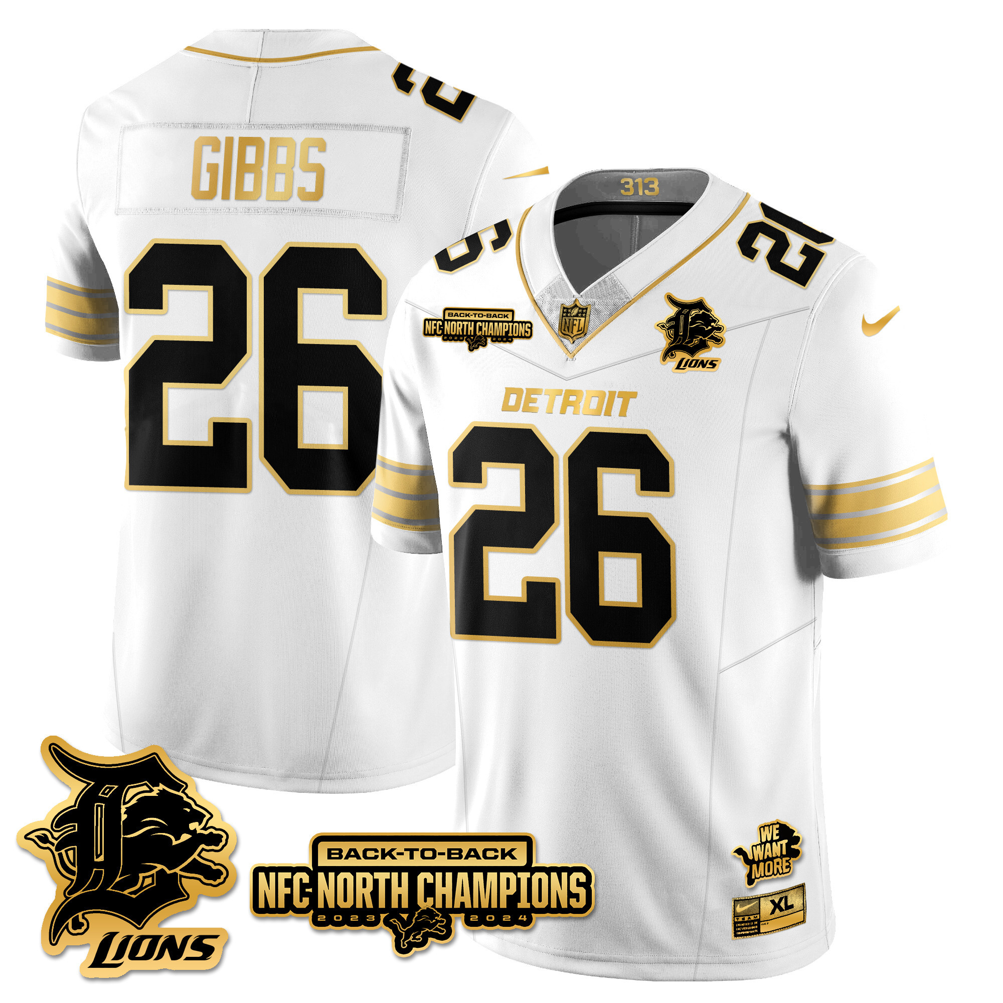 Men’s Detroit Lions 2024 NFC North Champions Gold Jersey N3 – All Stitched