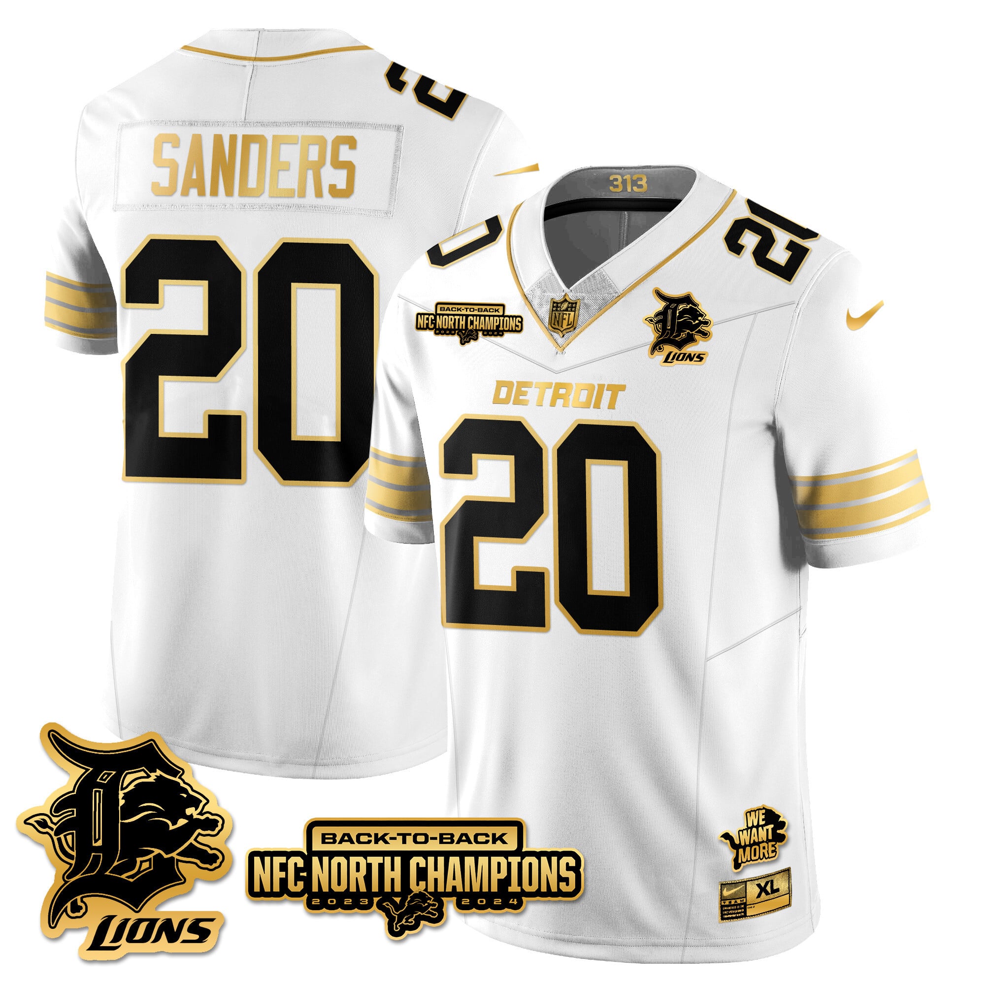 Men’s Detroit Lions 2024 NFC North Champions Gold Jersey N3 – All Stitched