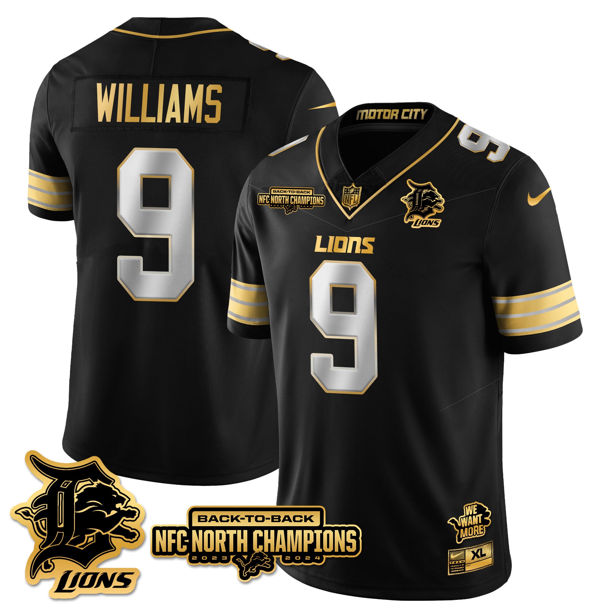 Men’s Detroit Lions 2024 NFC North Champions Gold Jersey N3 – All Stitched