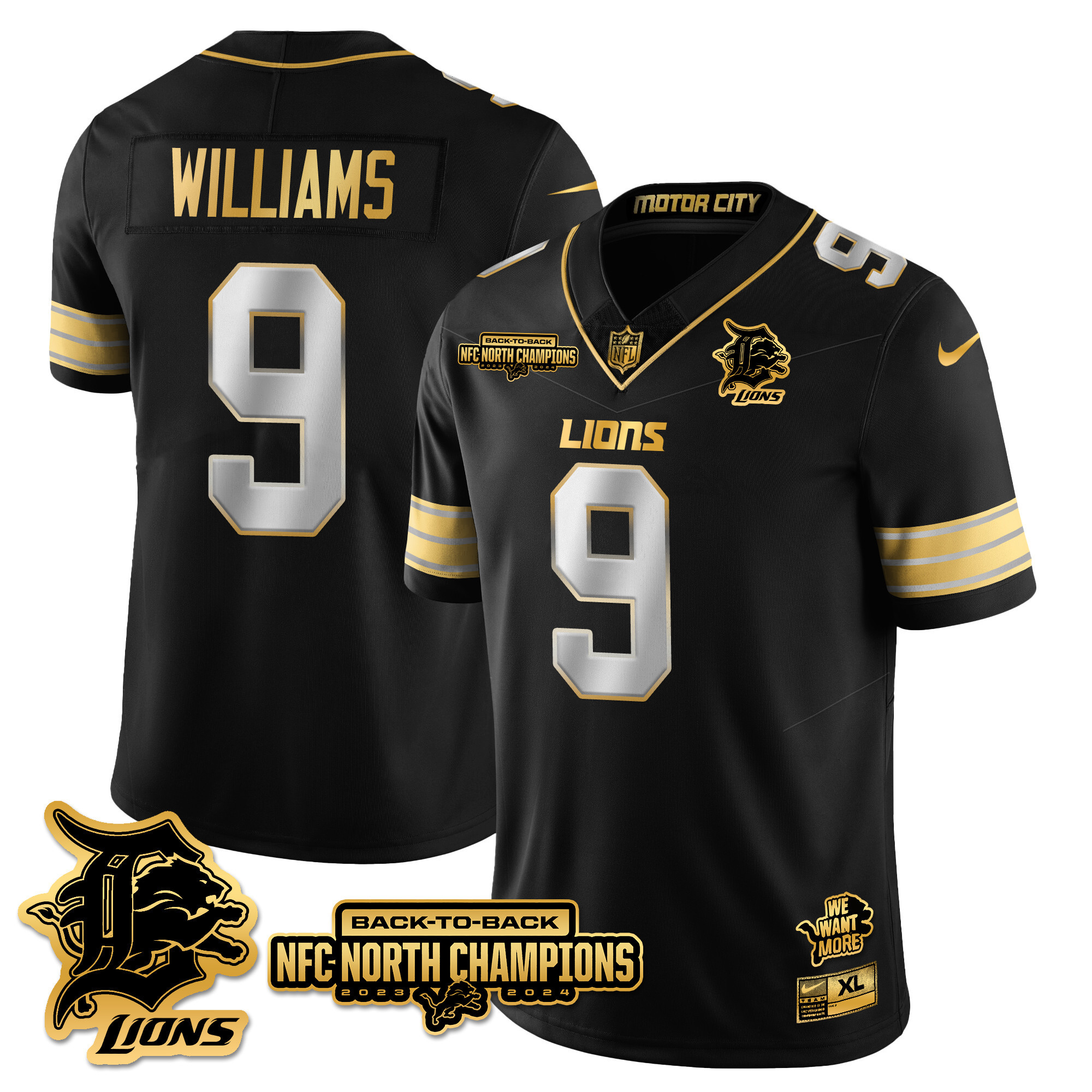 Men’s Detroit Lions 2024 NFC North Champions Gold Jersey N3 – All Stitched