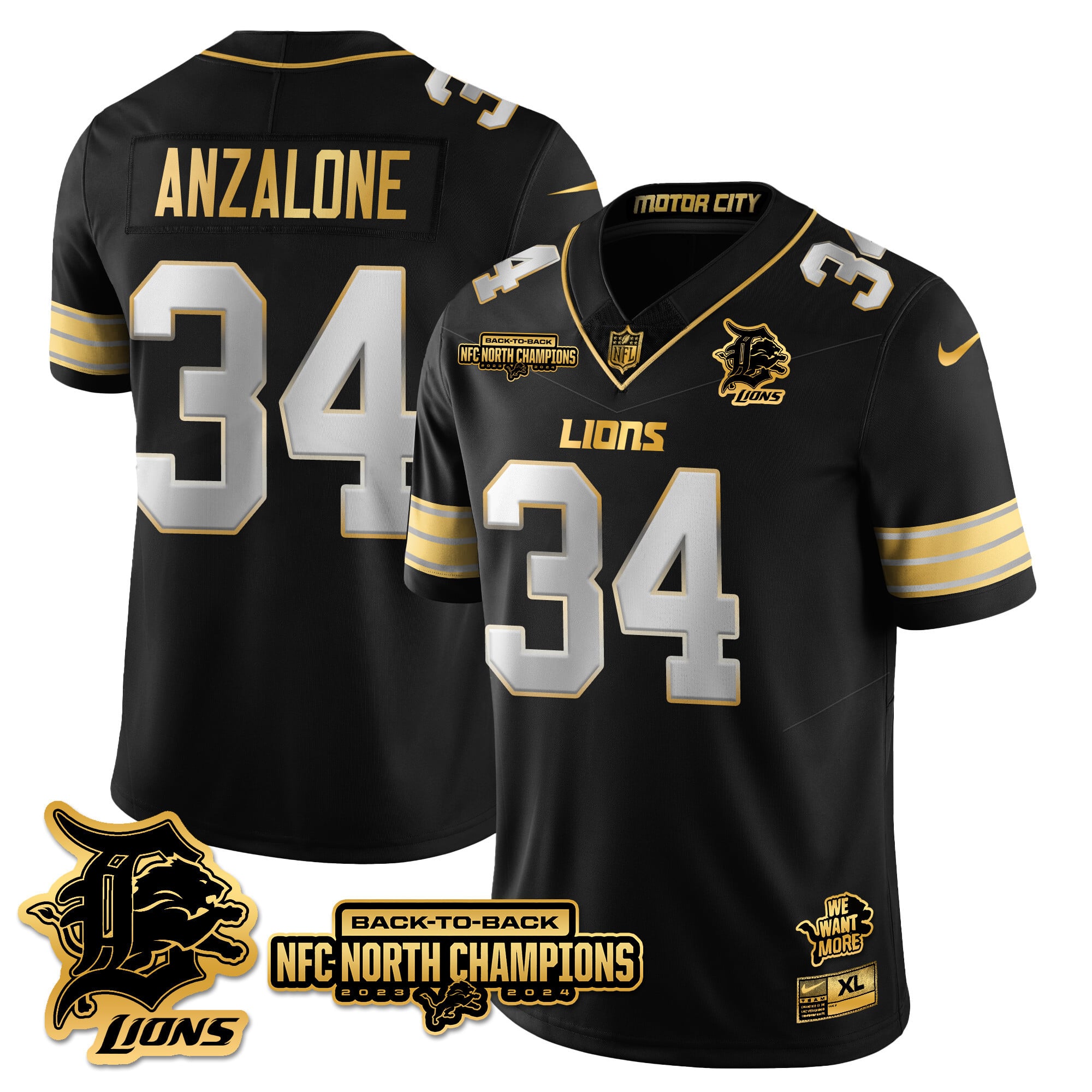 Men’s Detroit Lions 2024 NFC North Champions Gold Jersey N3 – All Stitched