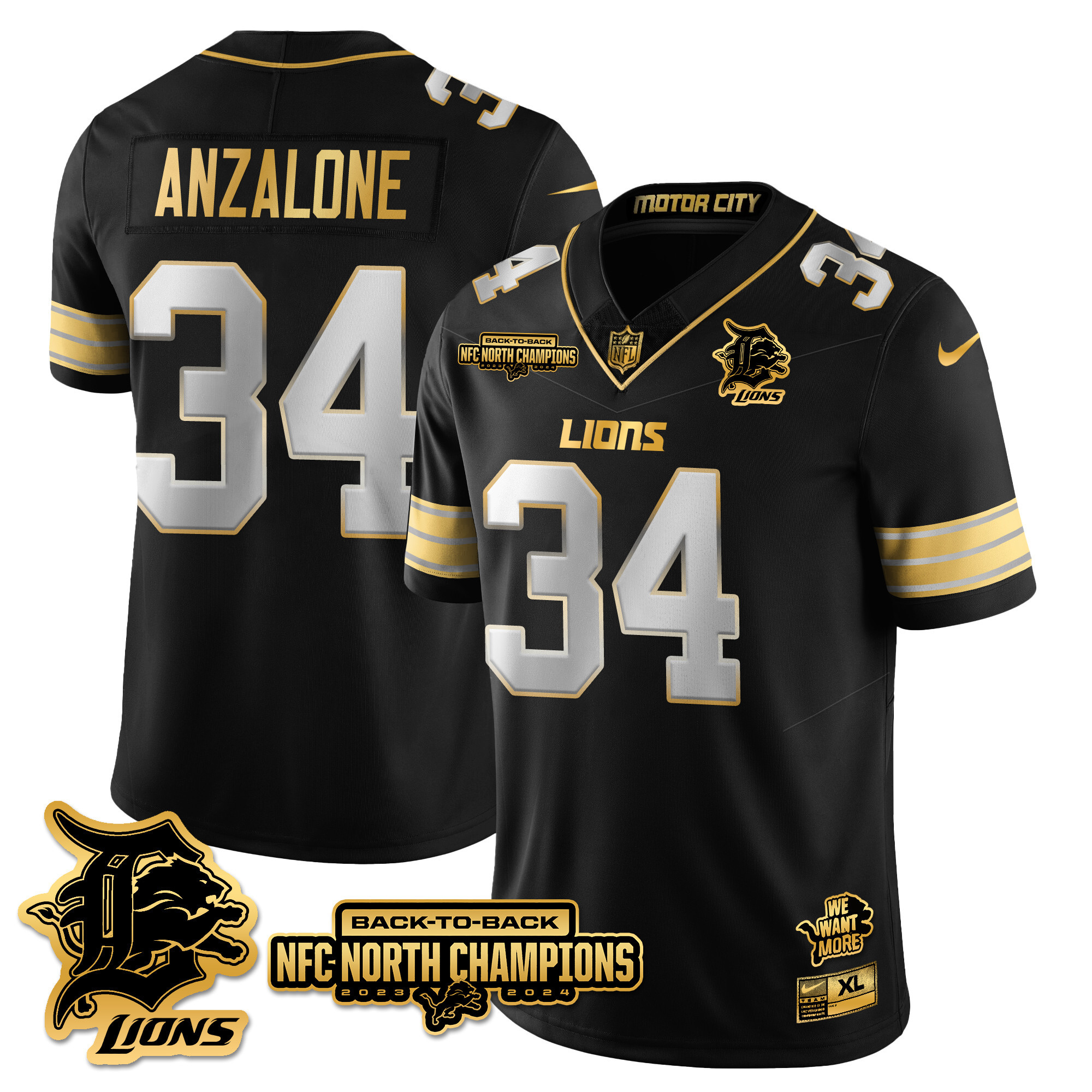 Men’s Detroit Lions 2024 NFC North Champions Gold Jersey N3 – All Stitched