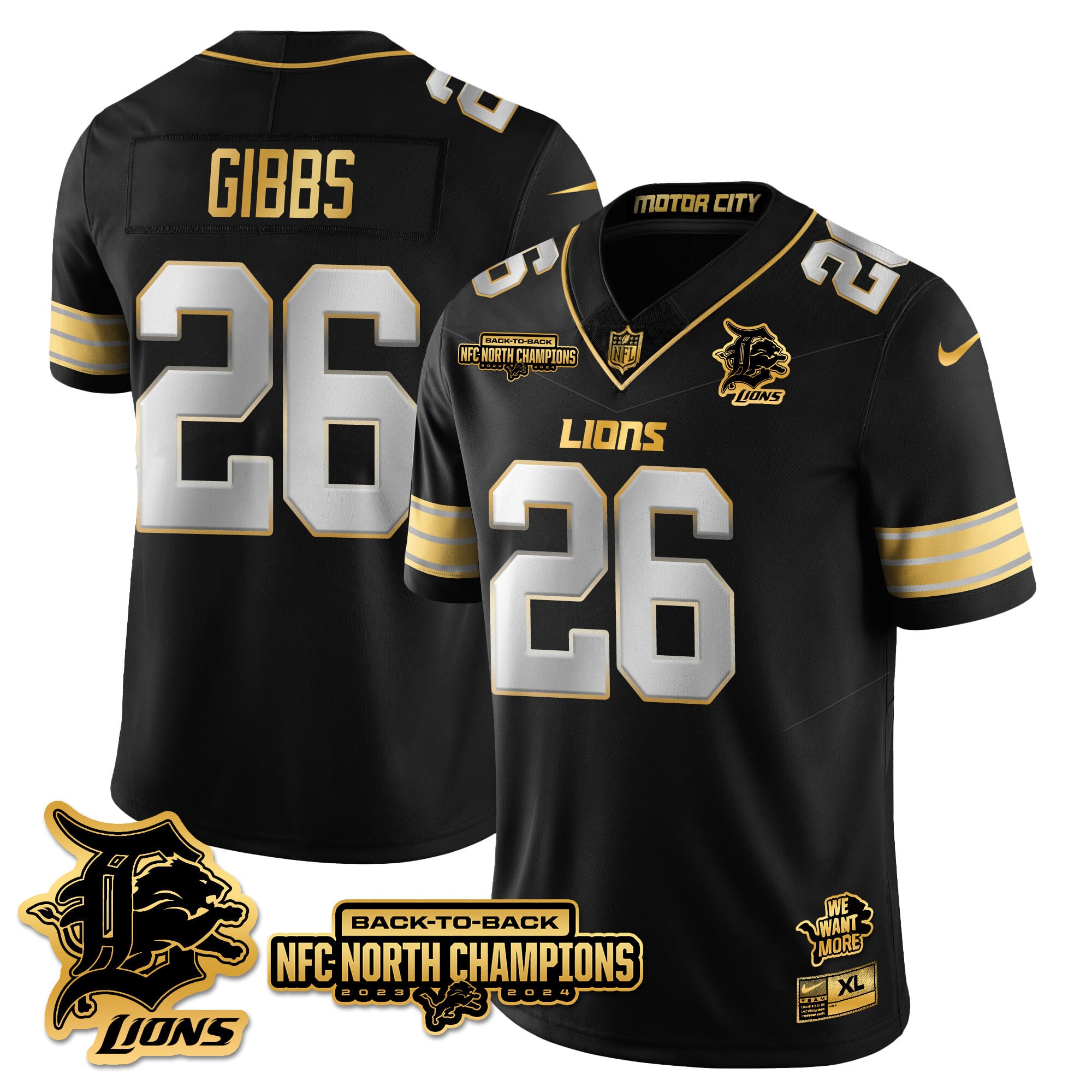 Men’s Detroit Lions 2024 NFC North Champions Gold Jersey N3 – All Stitched