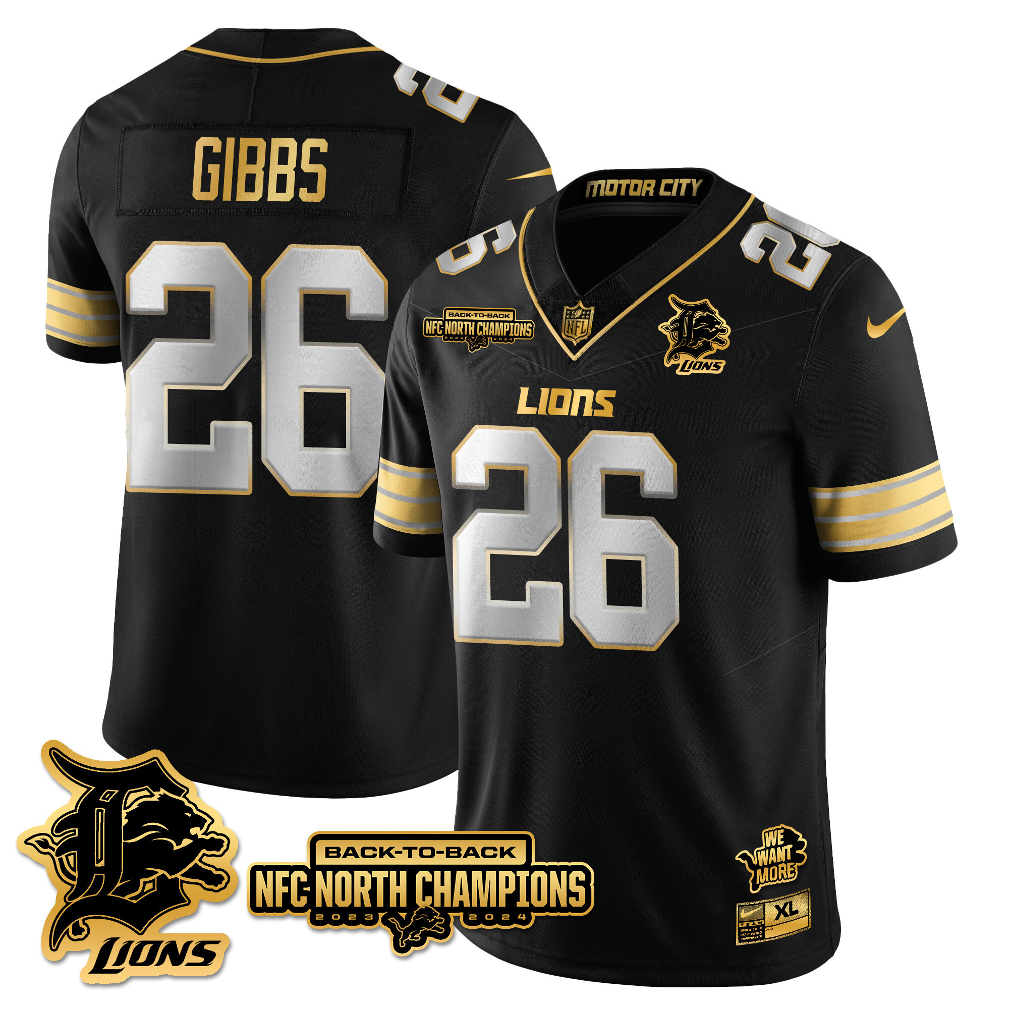 Men’s Detroit Lions 2024 NFC North Champions Gold Jersey N3 – All Stitched