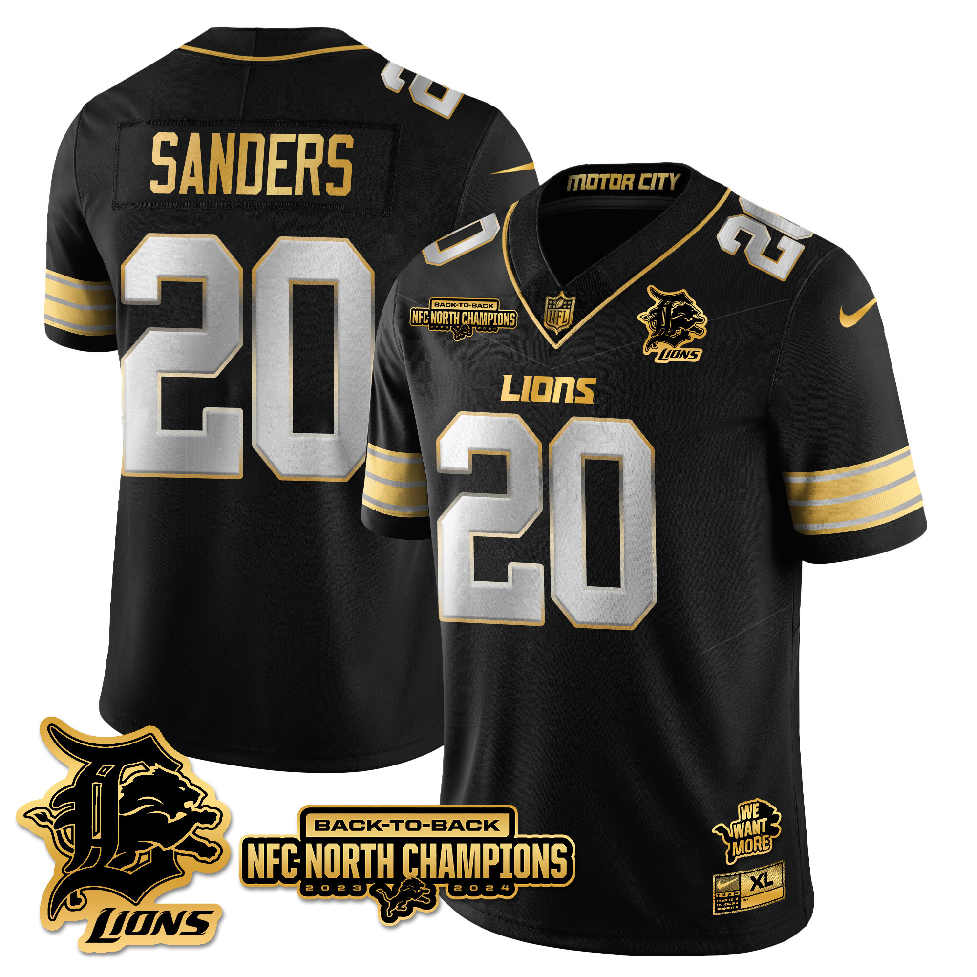Men’s Detroit Lions 2024 NFC North Champions Gold Jersey N3 – All Stitched