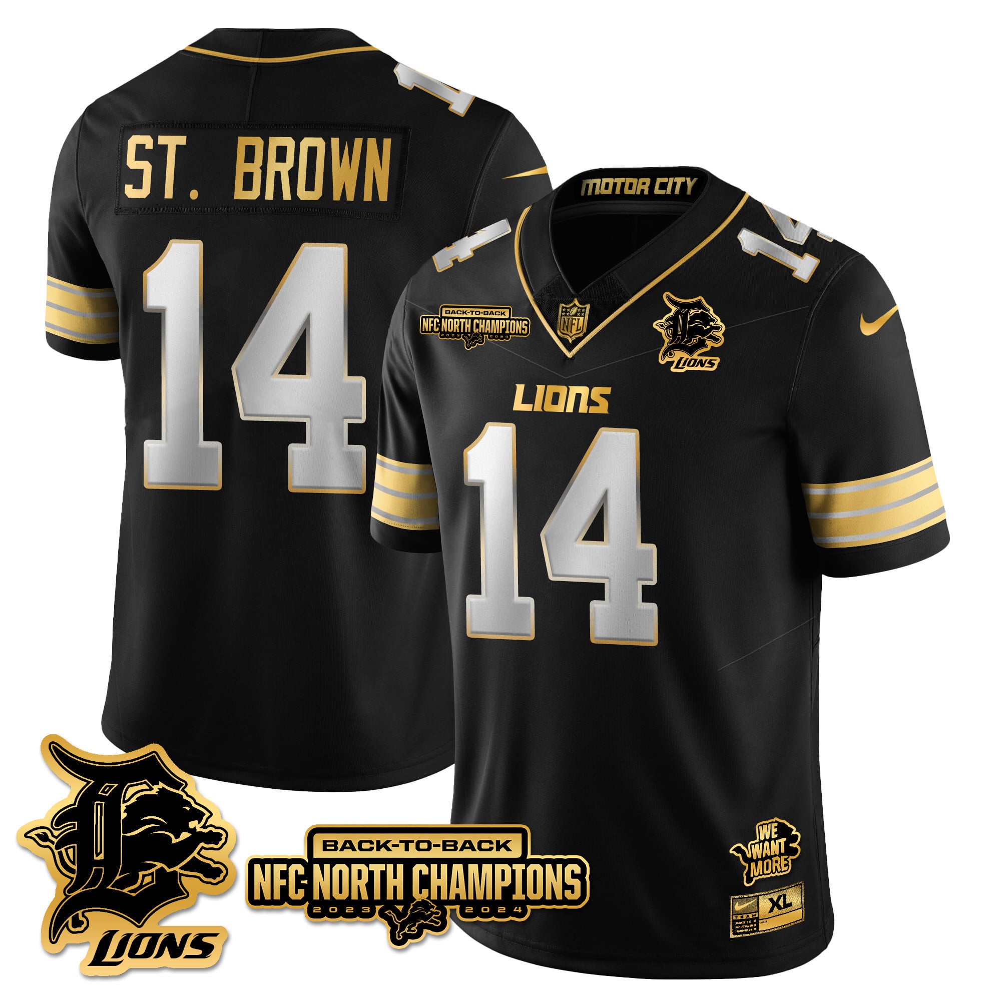 Men’s Detroit Lions 2024 NFC North Champions Gold Jersey N3 – All Stitched