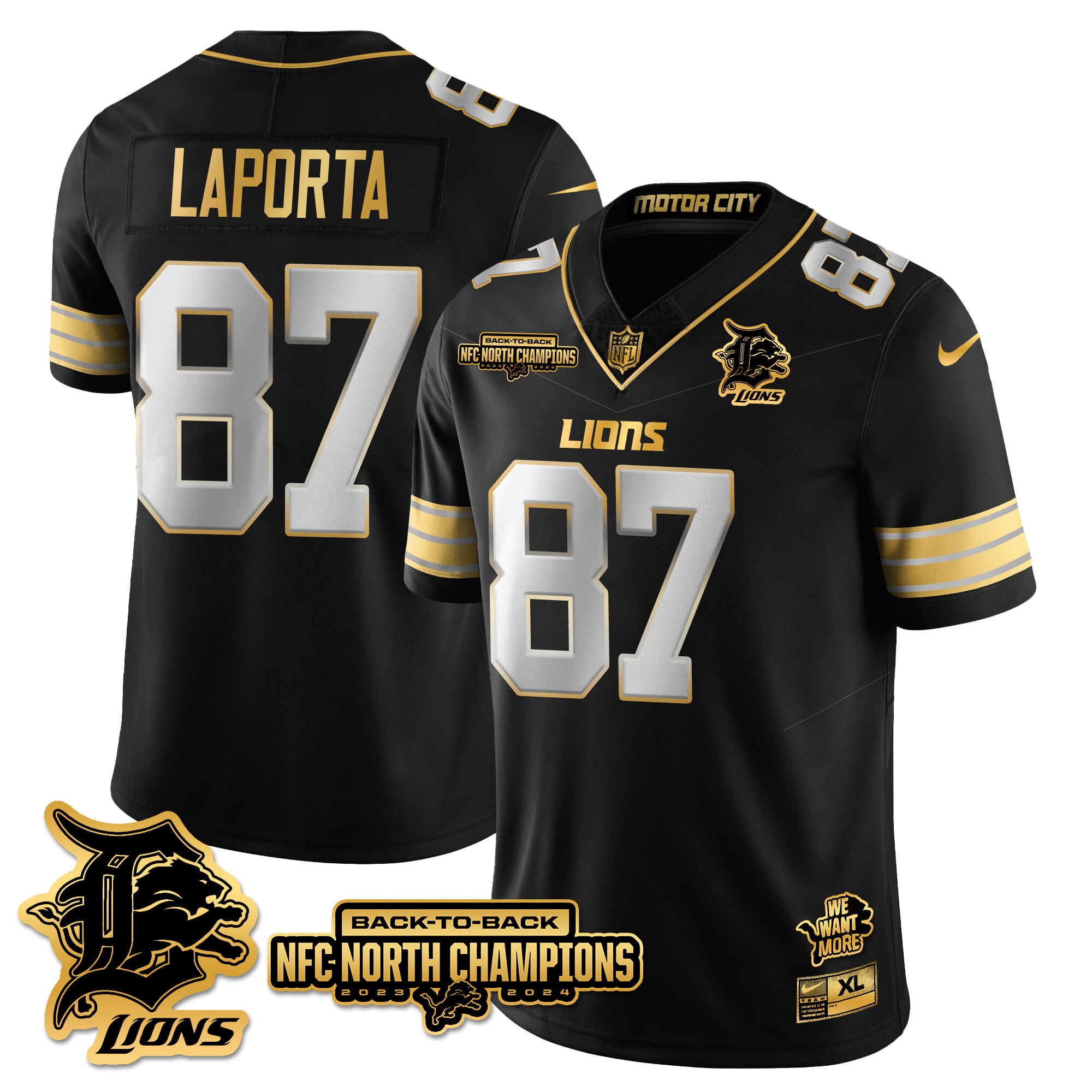 Men’s Detroit Lions 2024 NFC North Champions Gold Jersey N3 – All Stitched