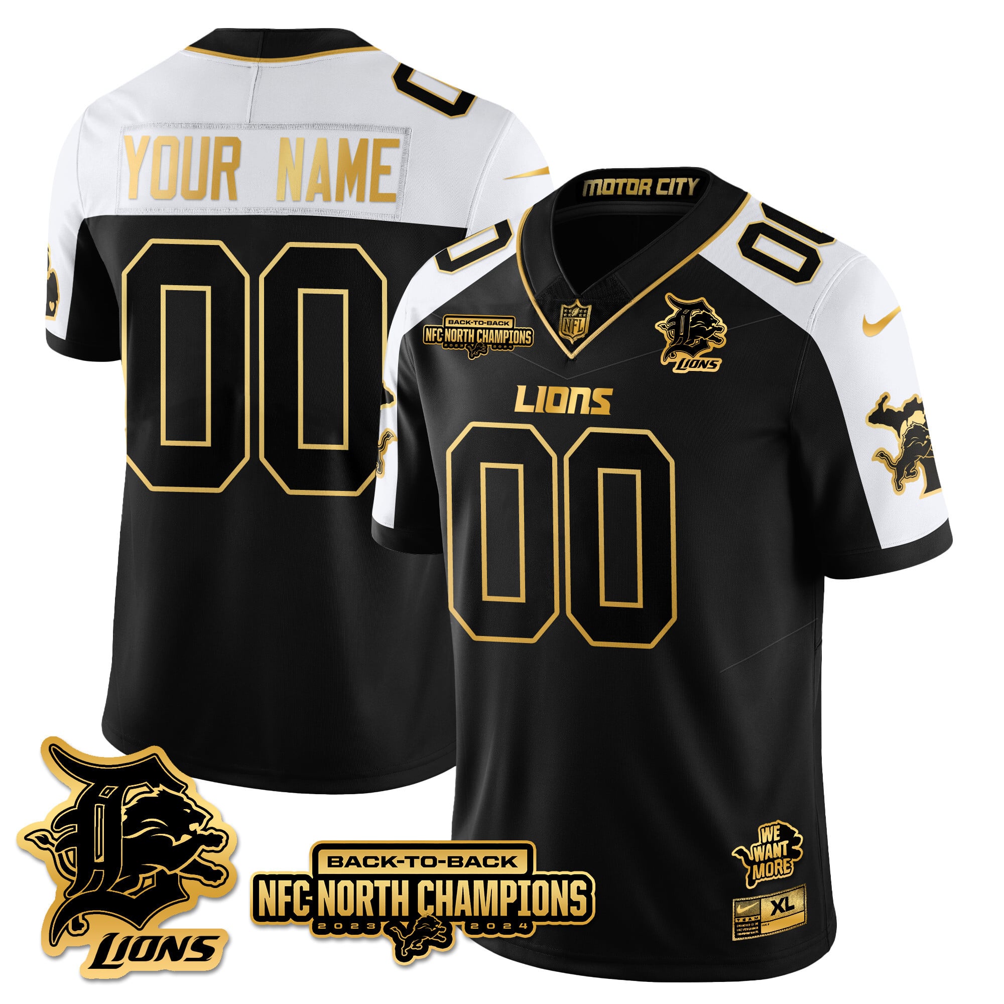 Custom Gender/Name Detroit Lions 2024 NFC North Champions Gold Jersey N3 – All Stitched