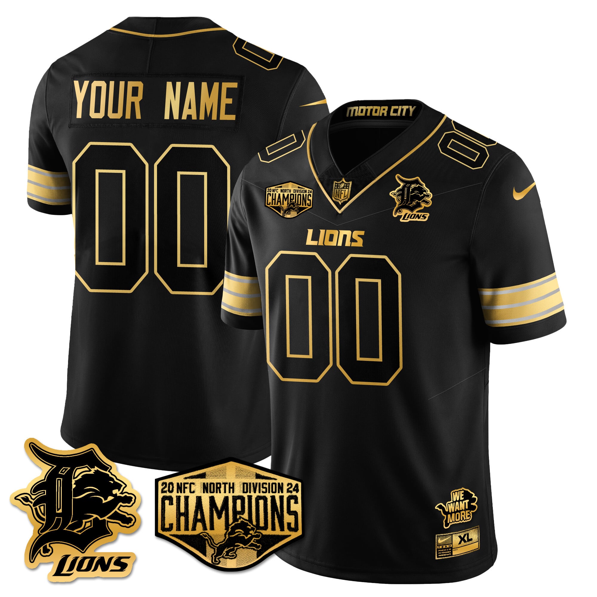 Custom Gender/Name Detroit Lions 2024 NFC North Champions Gold Jersey – All Stitche