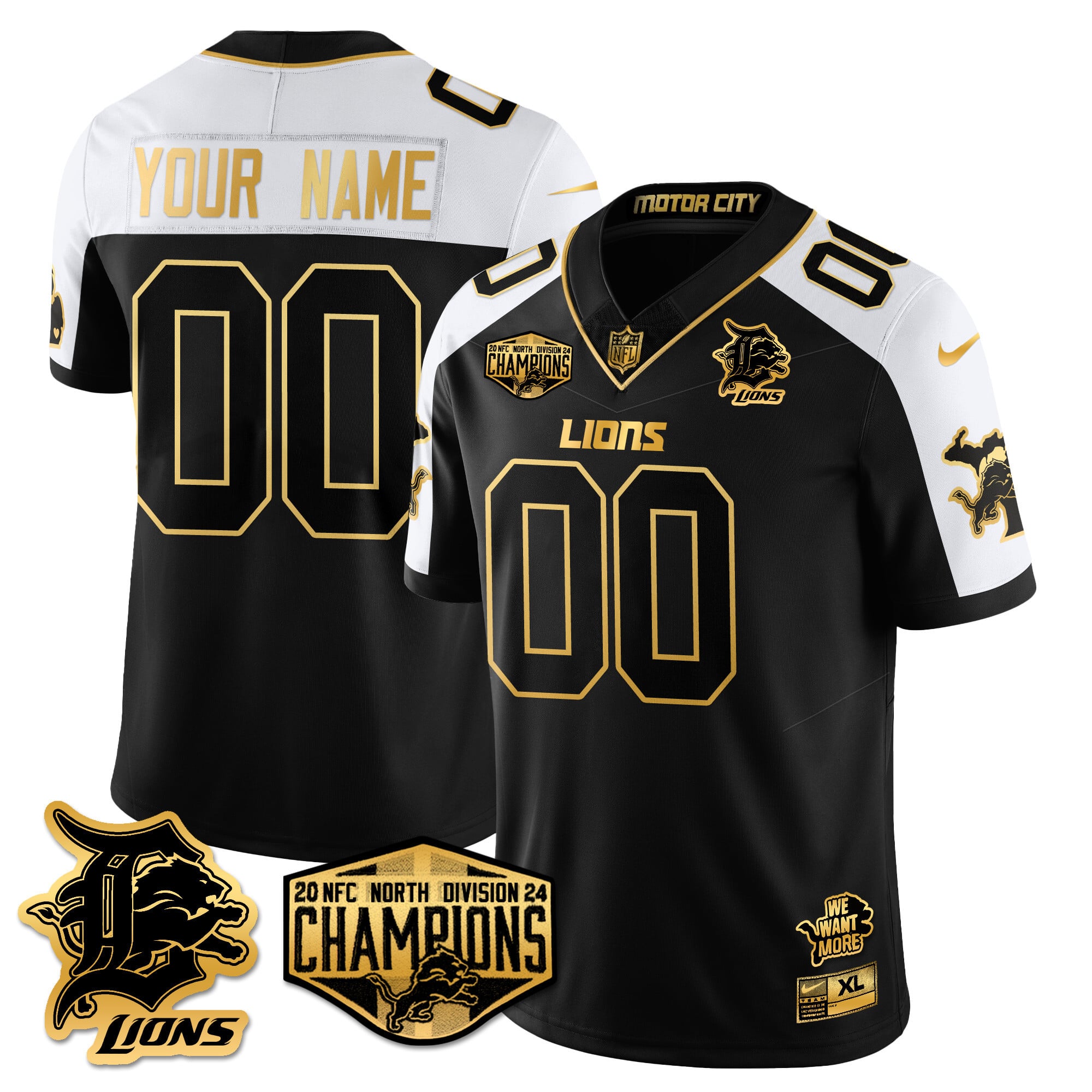 Custom Gender/Name Detroit Lions 2024 NFC North Champions Gold Jersey – All Stitche