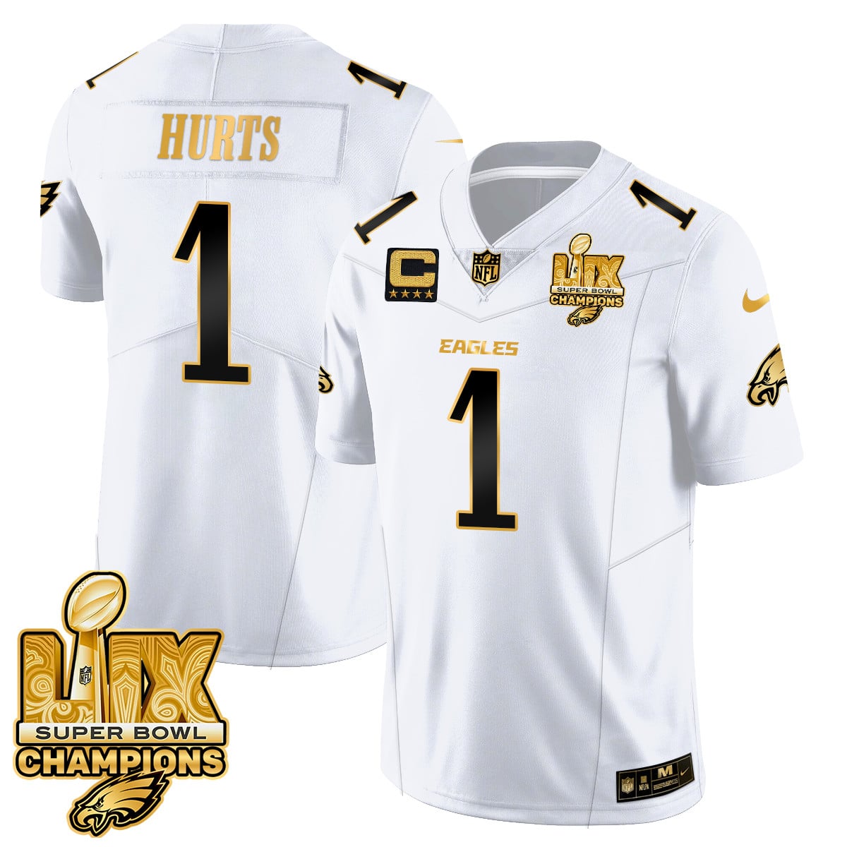 Men’s Philadelphia Eagles Super Bowl LIX Champions Gold Trim Vapor Limited Jersey – All Stitched