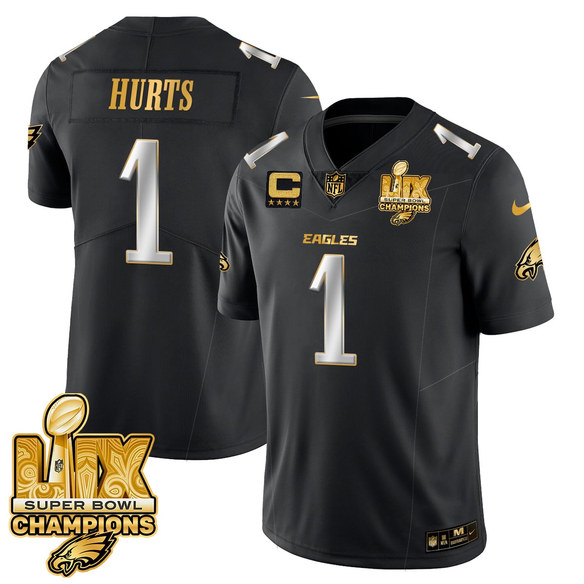 Men’s Philadelphia Eagles Super Bowl LIX Champions Gold Trim Vapor Limited Jersey – All Stitched