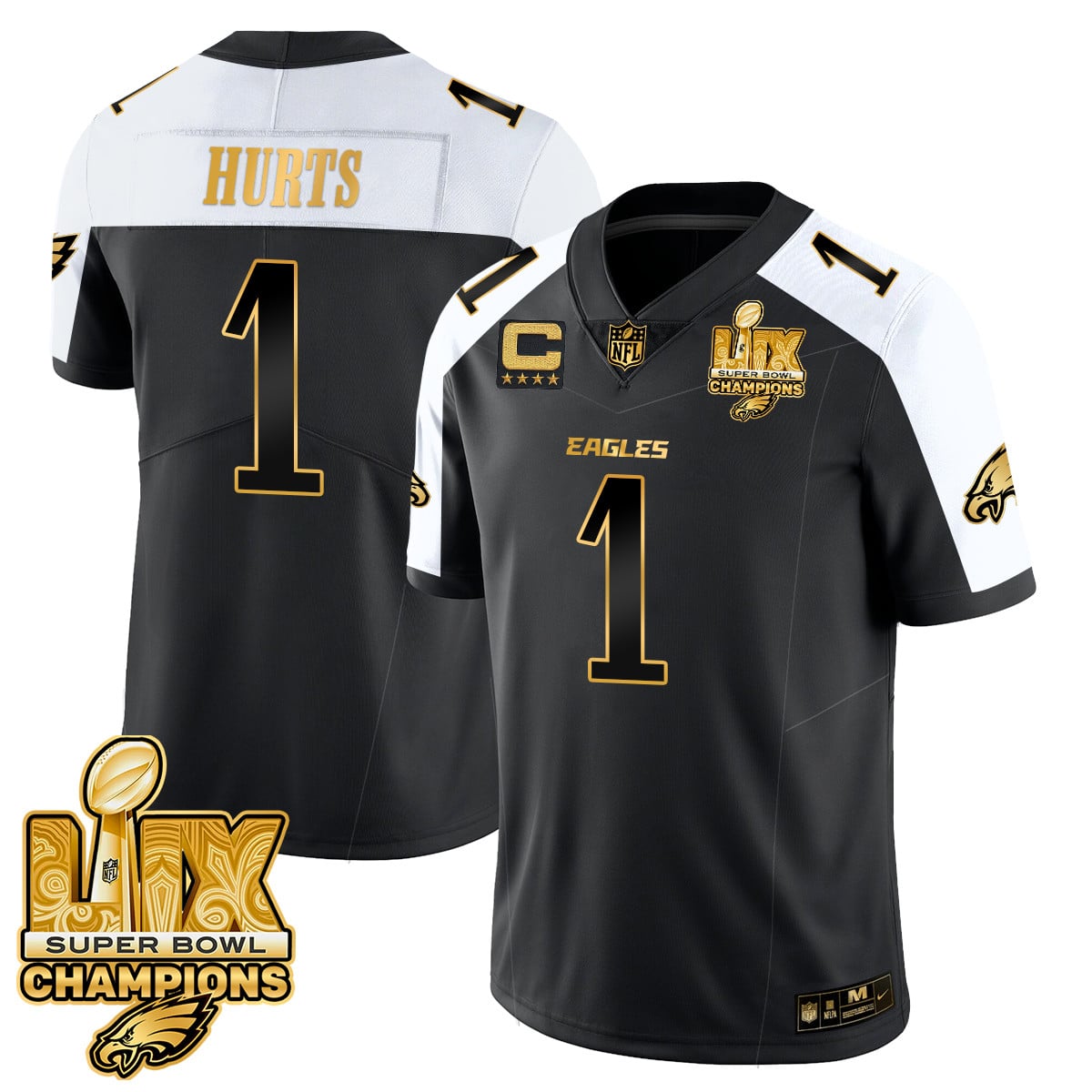 Men’s Philadelphia Eagles Super Bowl LIX Champions Gold Trim Vapor Limited Jersey – All Stitched
