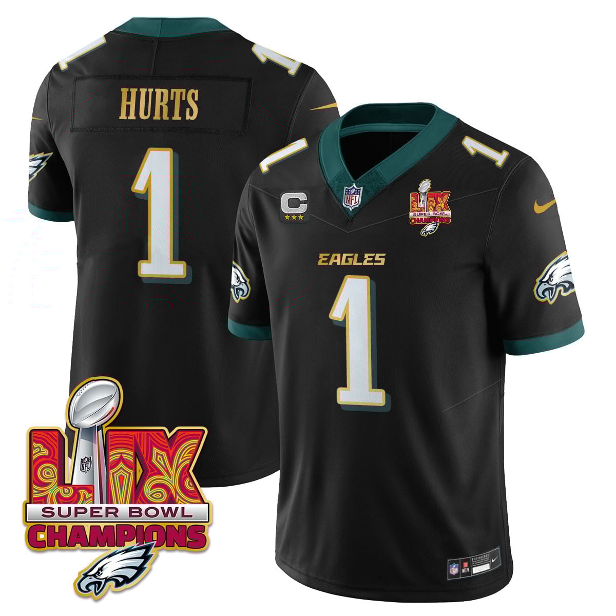 Men’s Philadelphia Eagles Super Bowl LIX Champions Gold Trim Vapor Limited Jersey – All Stitched