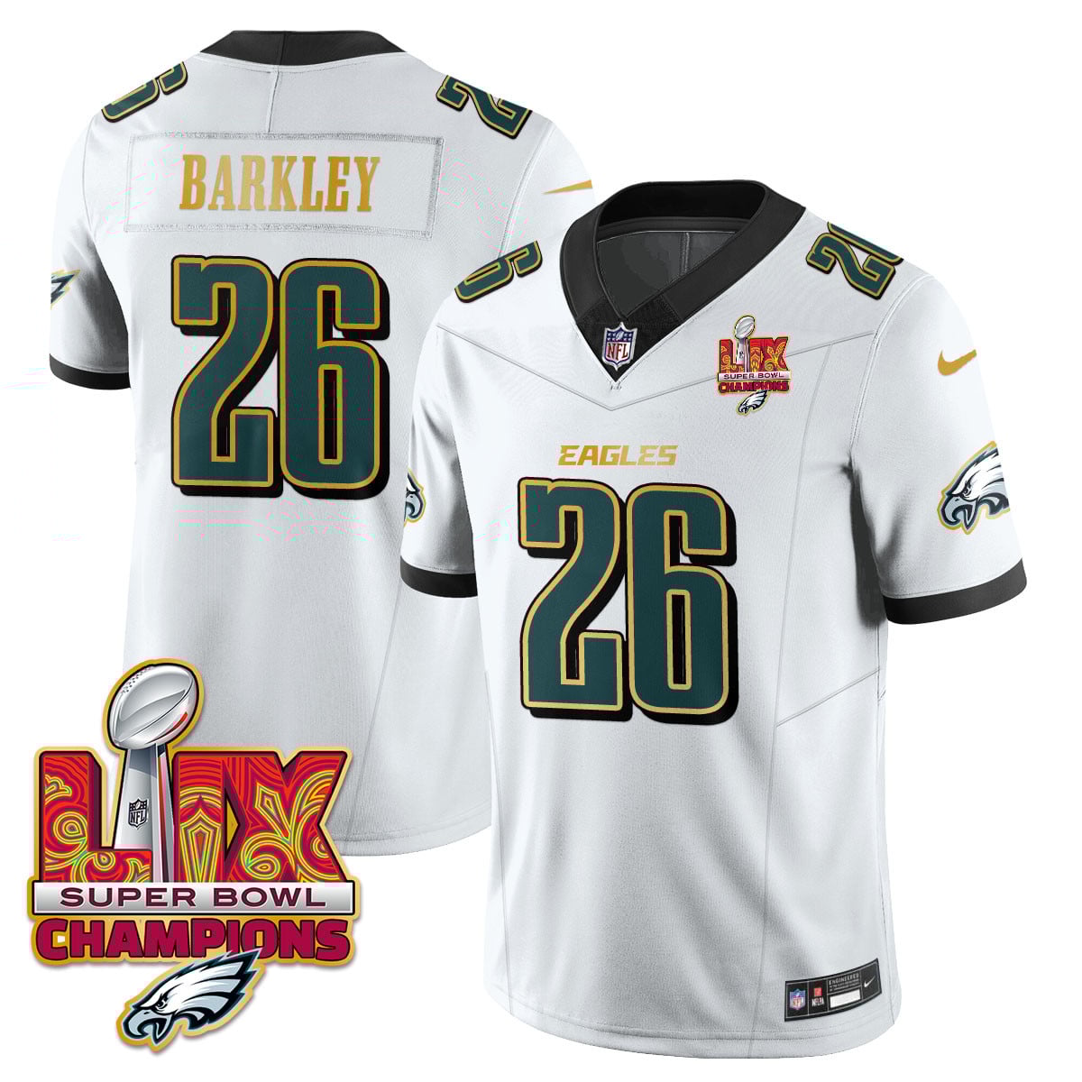 Men’s Philadelphia Eagles Super Bowl LIX Champions Gold Trim Vapor Limited Jersey – All Stitched