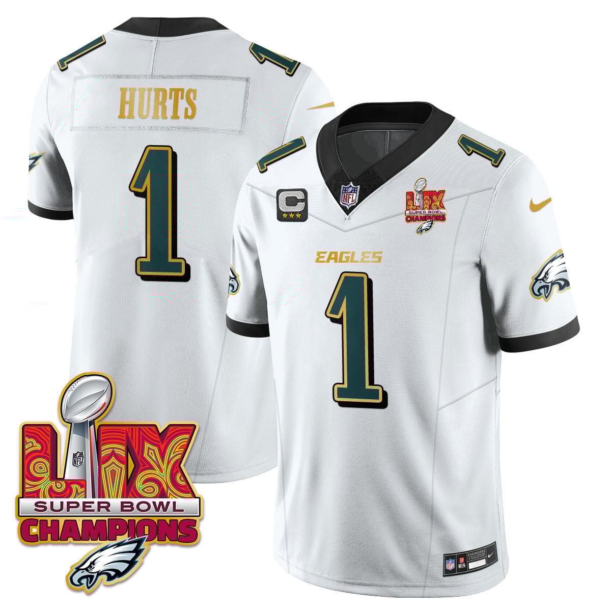 Men’s Philadelphia Eagles Super Bowl LIX Champions Gold Trim Vapor Limited Jersey – All Stitched