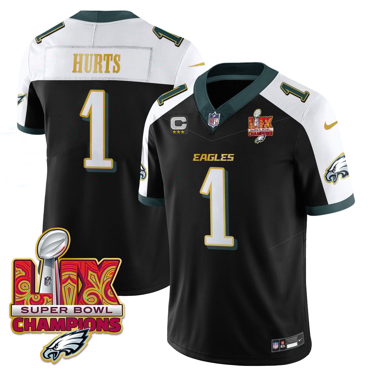 Men’s Philadelphia Eagles Super Bowl LIX Champions Gold Trim Vapor Limited Jersey – All Stitched