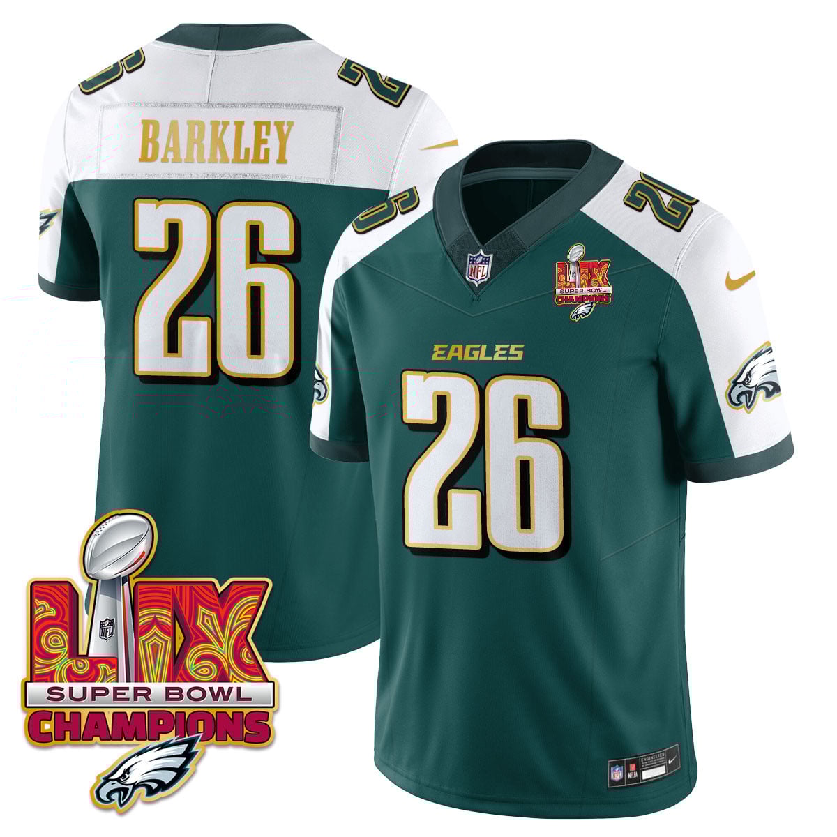 Men’s Philadelphia Eagles Super Bowl LIX Champions Gold Trim Vapor Limited Jersey – All Stitched