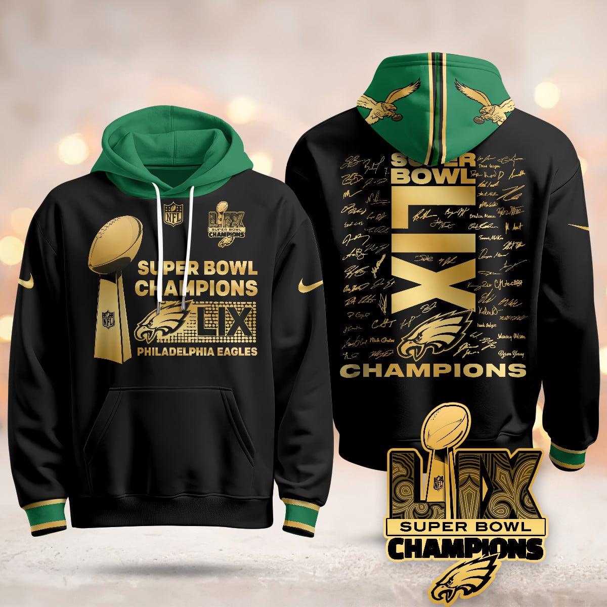 Philadelphia Eagles Super Bowl LIX Champions Roster Signing Gold Hoodie