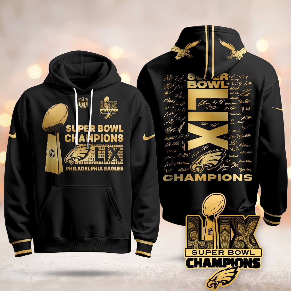 Philadelphia Eagles Super Bowl LIX Champions Roster Signing Gold Hoodie