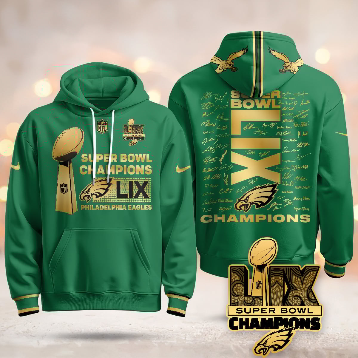 Philadelphia Eagles Super Bowl LIX Champions Roster Signing Gold Hoodie